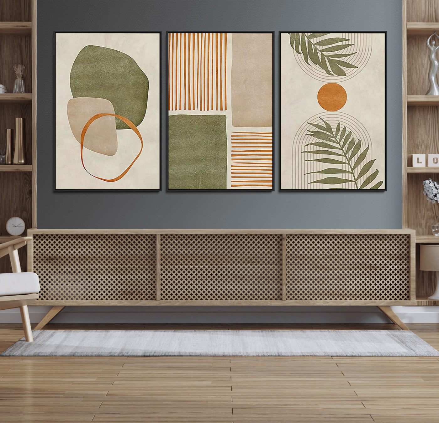96002-MGV-FC-60X30-3P_Black-Abstract Geometric Wall Art – Modern Canvas Print with Green, Orange & Beige Shapes, Minimalist Home Decor for Living Room, Office