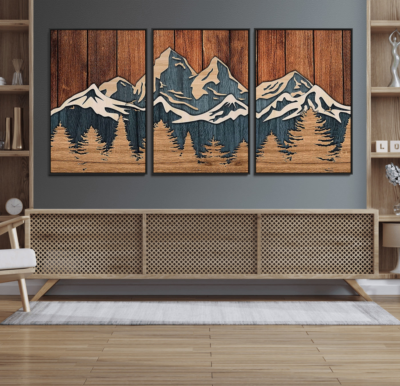 41330-MGV-FC-60X30-3P_Black-Rustic Mountain Wall Art – Wooden Nature Scene with Trees and Peaks, Handmade 3D Layered Decor for Living Room, Cabin or Office