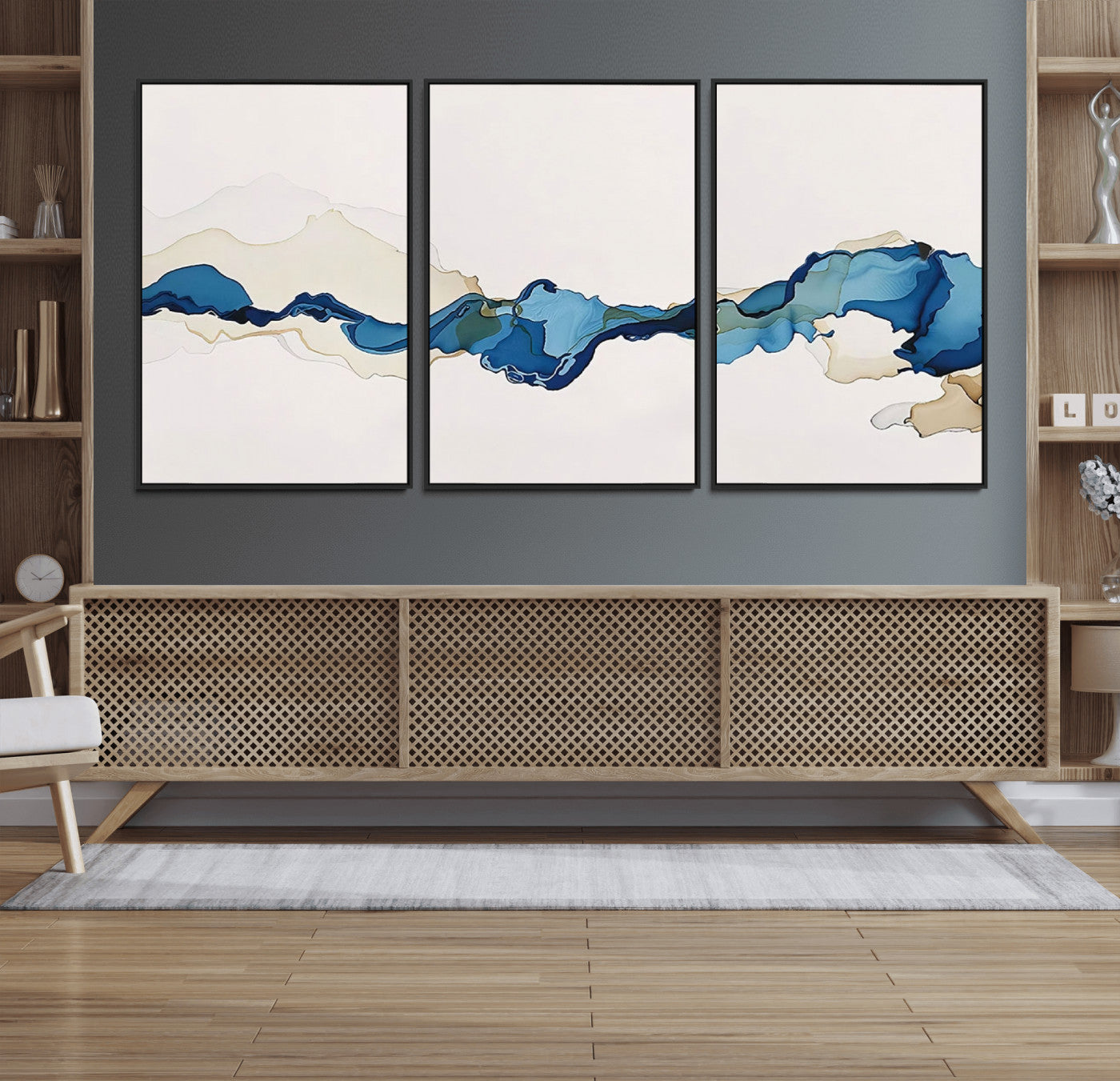 95528-MGV-FC-60X30-3P_Black-Abstract Blue Wave Wall Art – Modern Ocean Inspired Canvas Print, Minimalist Fluid Painting for Living Room, Bedroom or Office