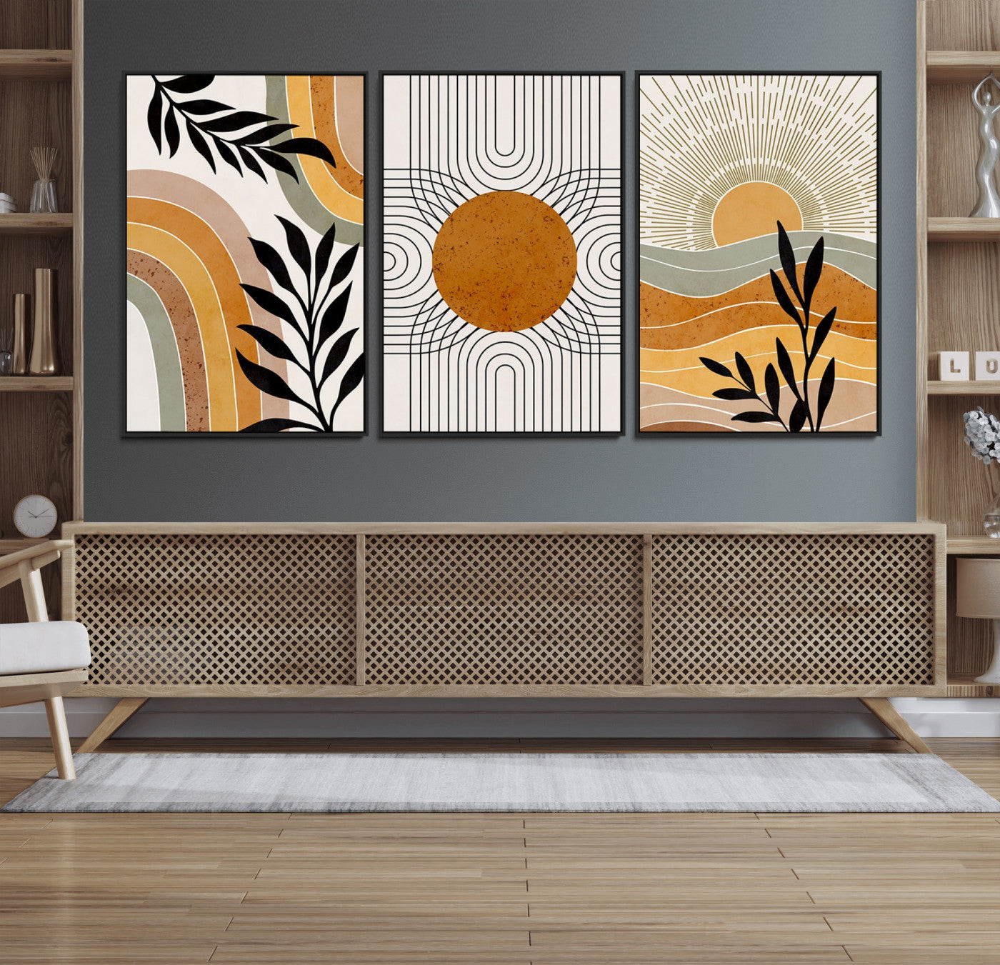 44668-MGV-FC-60X30-3P_Black-Mid Century Modern Wall Art – Abstract Sun and Rainbow Canvas Print, Minimalist Geometric Boho Decor for Living Room, Bedroom or