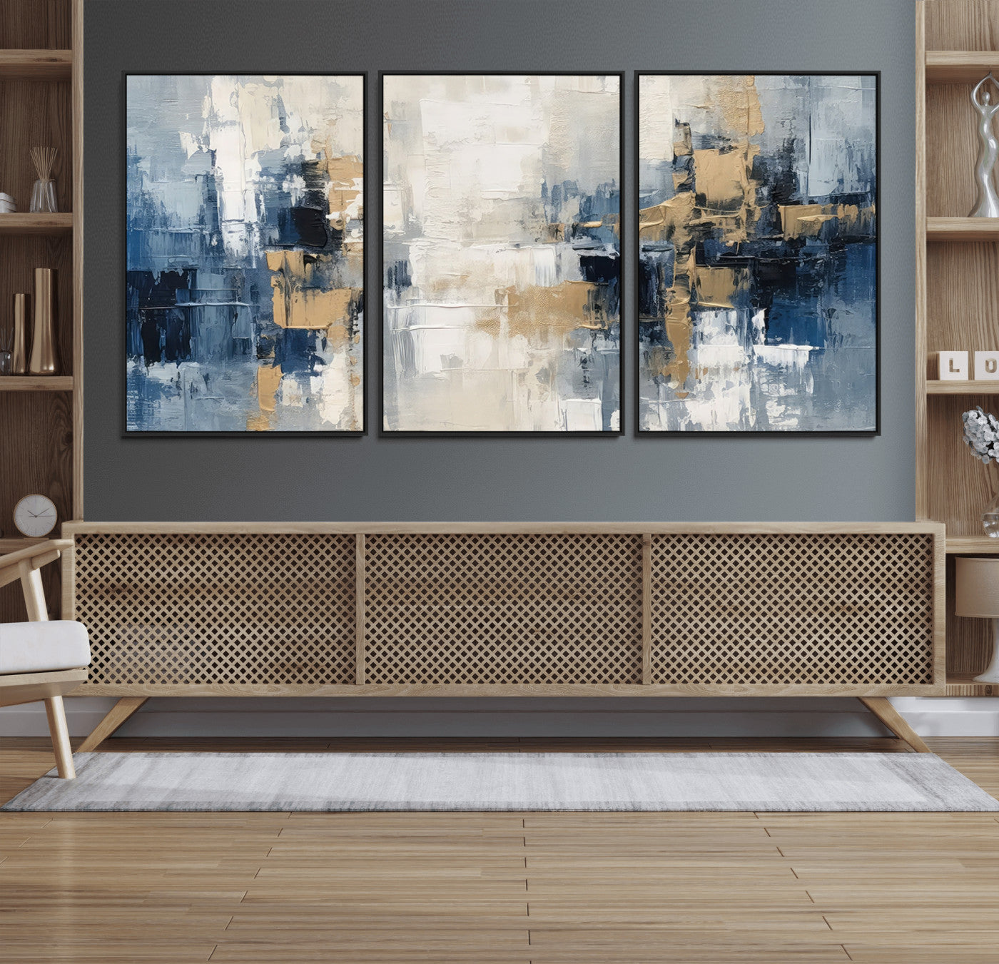 44344-MGV-FC-60X30-3P_Black-Abstract Blue and Gold Wall Art – Modern Hand Painted Canvas Print, Contemporary Textured Painting for Living Room, Bedroom or