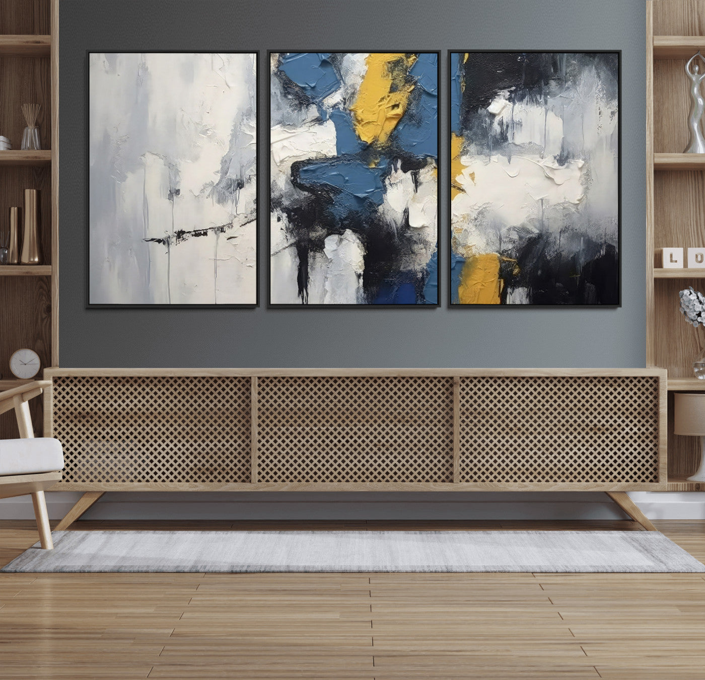 63850-MGV-FC-60X30-3P_Black-Abstract Blue and Yellow Wall Art – Modern Textured Canvas Painting, Bold Contemporary Artwork for Living Room, Bedroom or Office