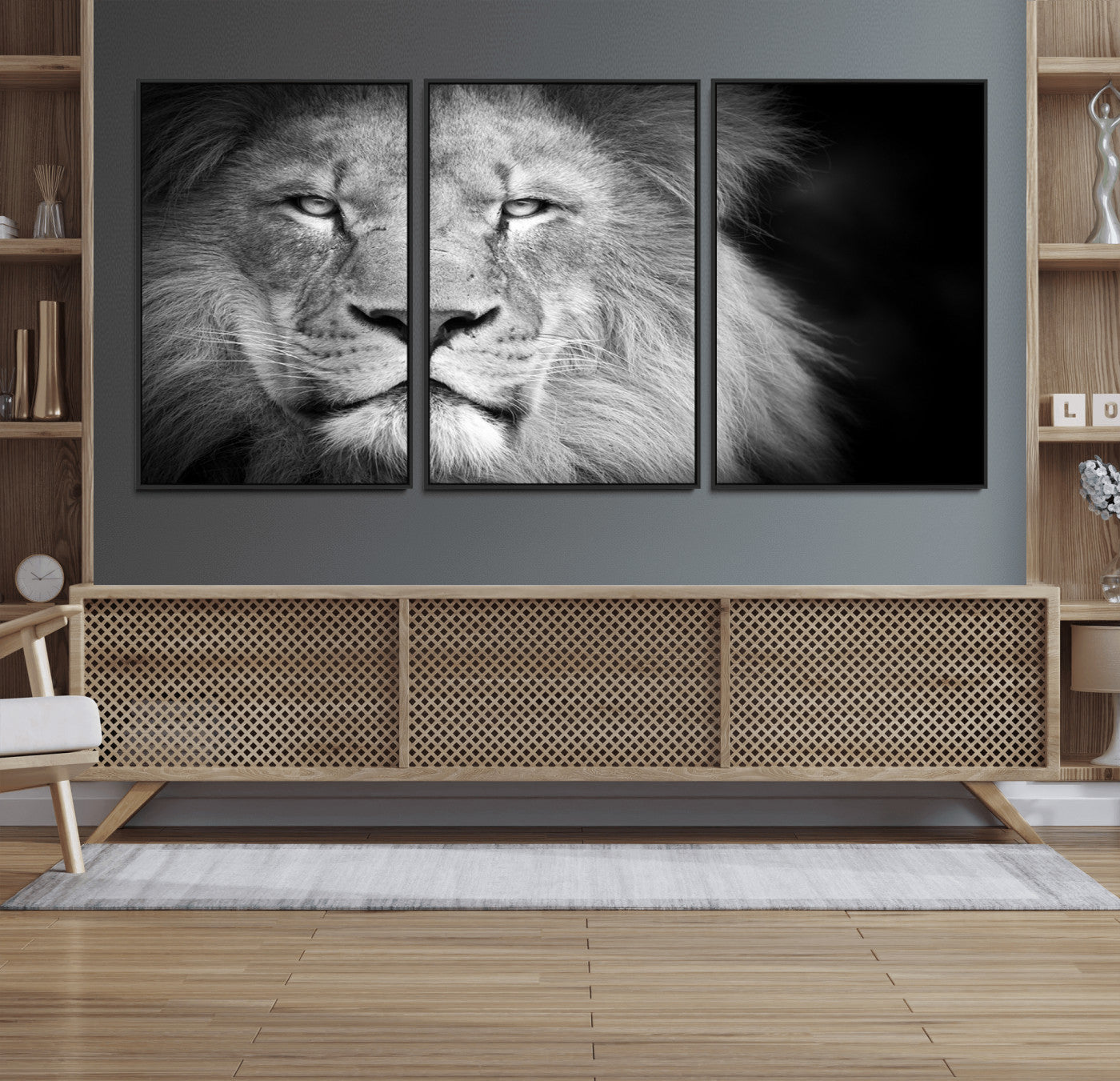94453-MGV-FC-60X30-3P_Black-Lion Portrait Wall Art – Black and White King of the Jungle Canvas Print, Safari Wildlife Decor for Office, Bedroom, or Living