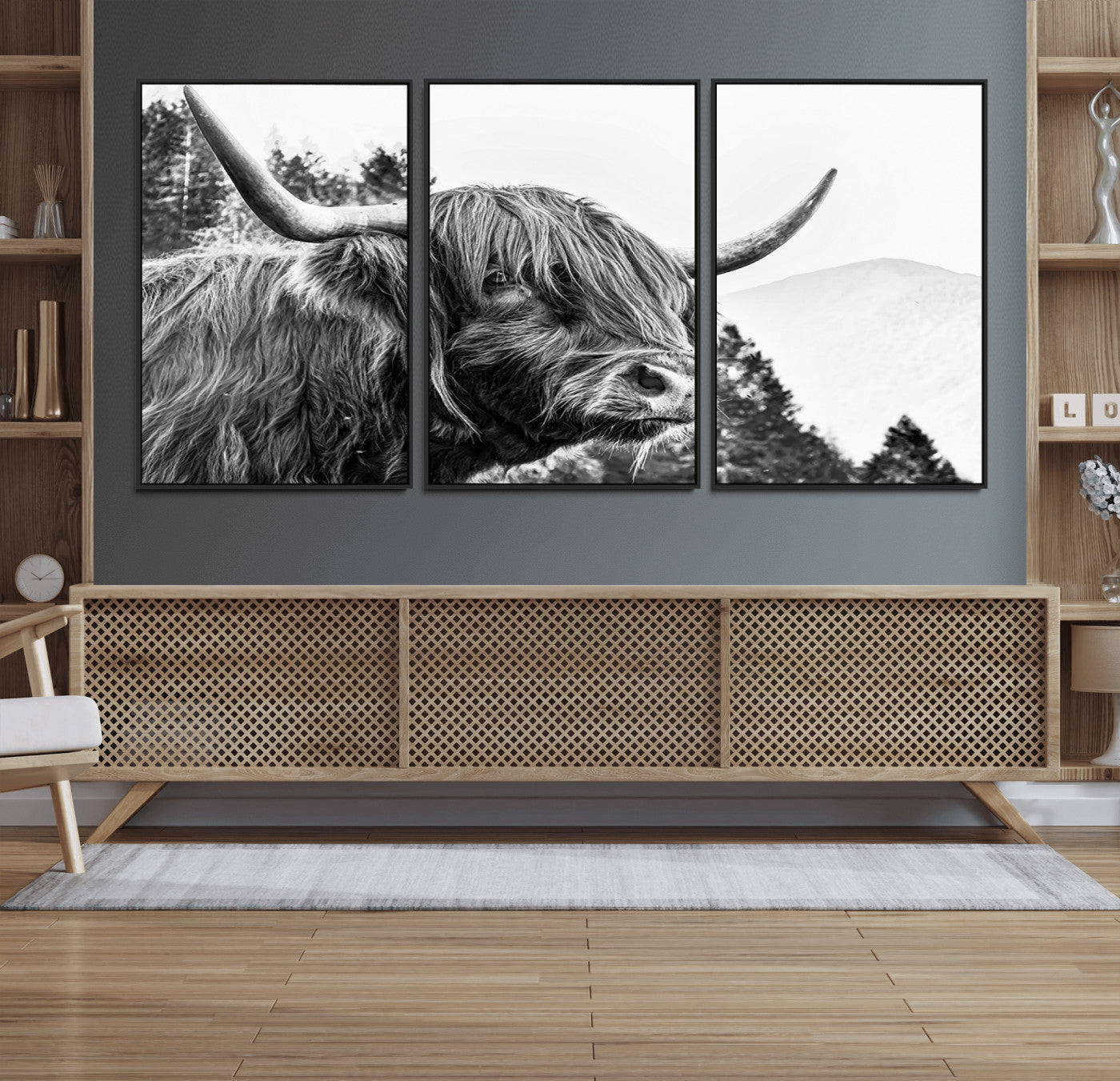 61570-MGV-FC-60X30-3P_Black-Highland Cow Wall Art – Black and White Scottish Bull Canvas Print, Rustic Farmhouse Animal Decor for Living Room, Bedroom, or