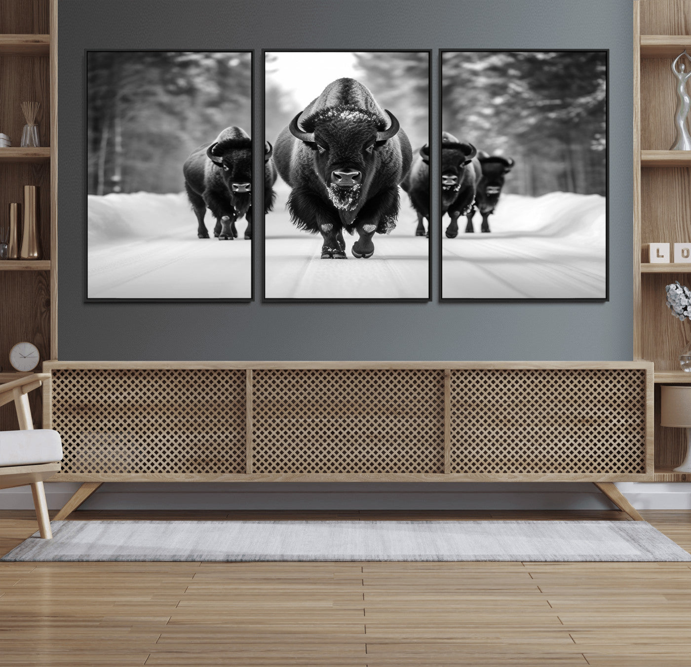 45287-MGV-FC-60X30-3P_Black-Bison Herd Wall Art – Black and White Buffalo Snow Road Canvas Print, Rustic Wildlife Decor for Cabin, Lodge or Living Room