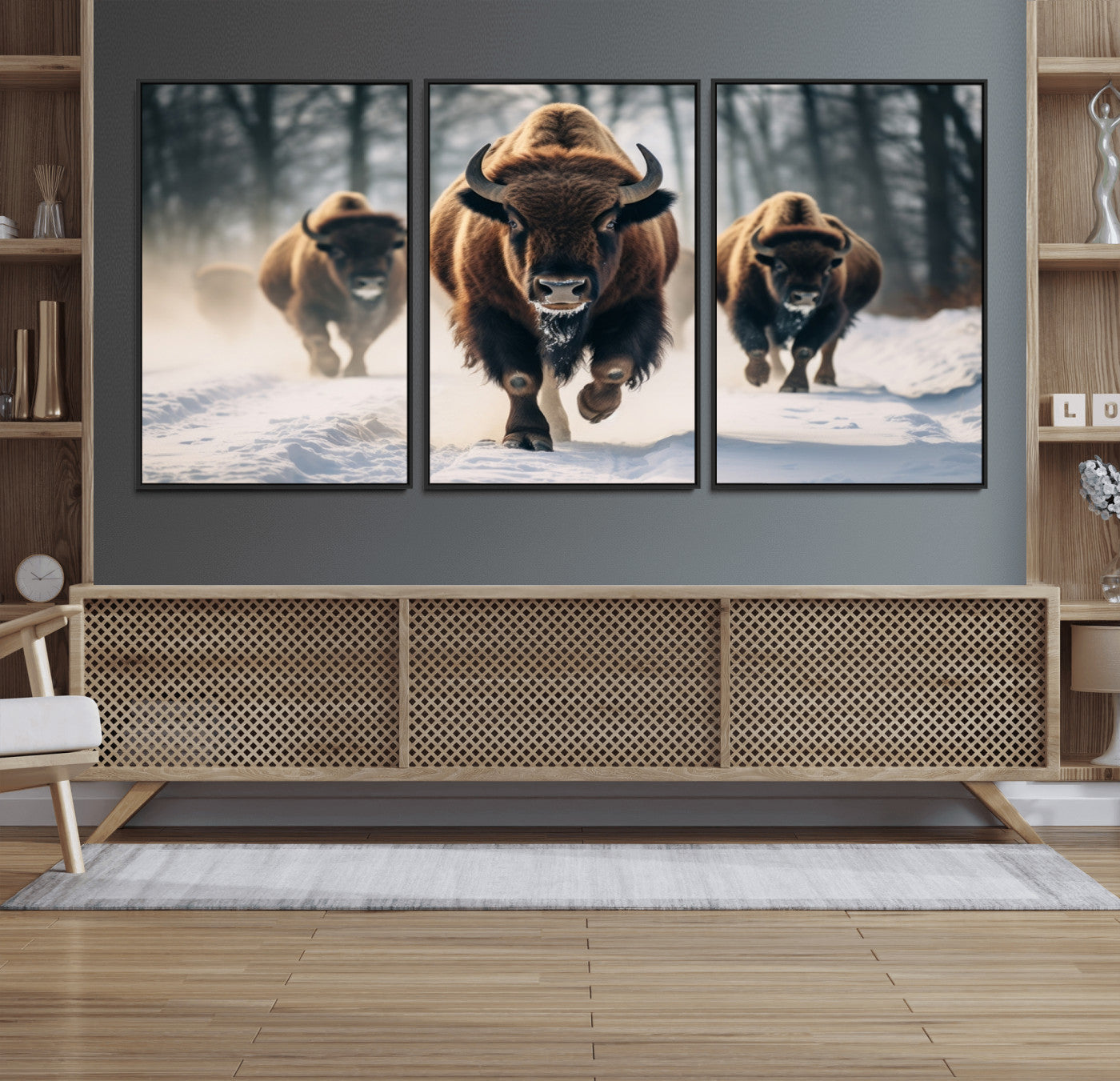 56549-MGV-CV-36X24-Wild Bison Wall Art – Majestic Buffalo Herd Running in Snow Canvas Print, Rustic Wildlife Photography Decor for Cabin, Lodge, or