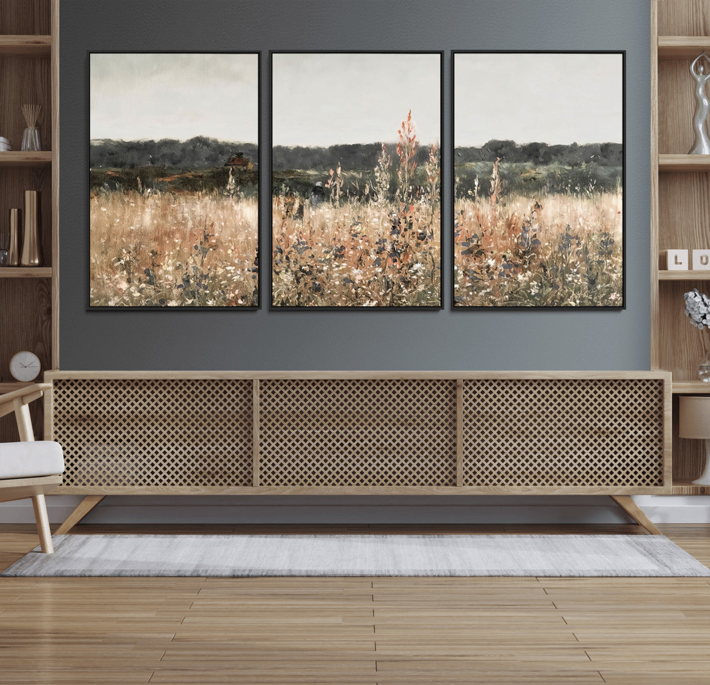 46308-MGV-FC-60X30-3P_Black-Wildflower Field Wall Art – Rustic Meadow Landscape Canvas Print, Country Nature Decor for Living Room, Bedroom or Farmhouse