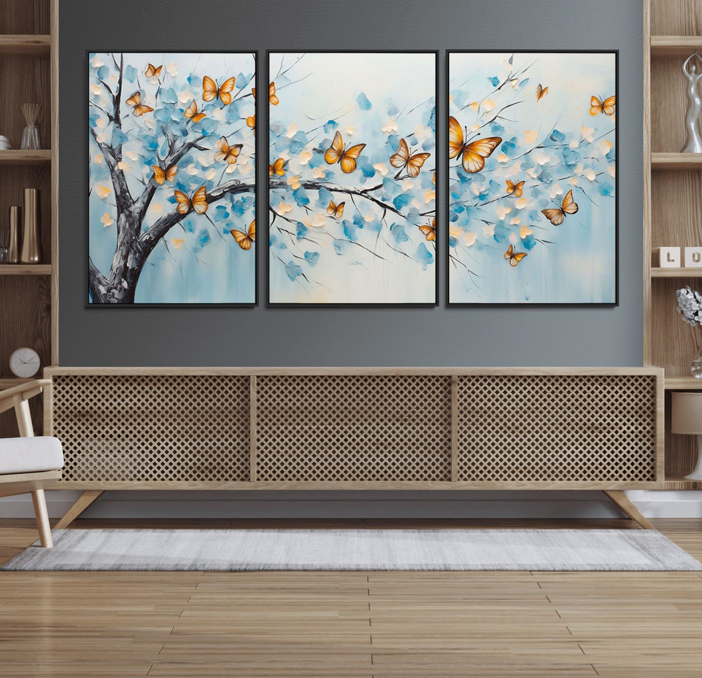 59455-MGV-FC-60X30-3P_Black-Butterfly Tree Branch Wall Art – Blue and Yellow Abstract Canvas Print, Modern Nature Artwork for Living Room, Bedroom or Office