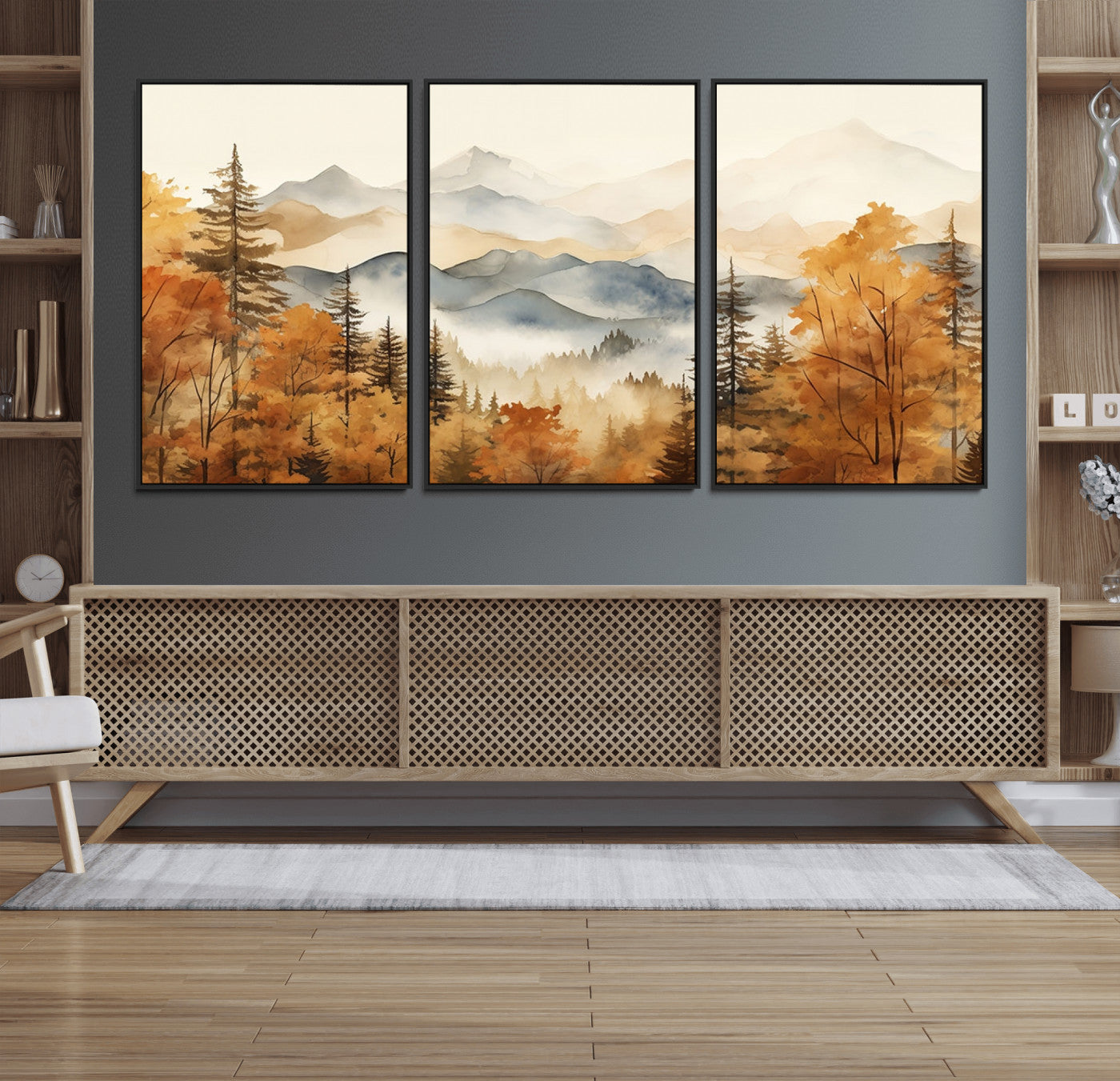 72950-MGV-FC-60X30-3P_Black-Autumn Mountain Forest Wall Art – Golden Fall Landscape Canvas Print, Nature-Inspired Home Decor for Living Room, Bedroom or