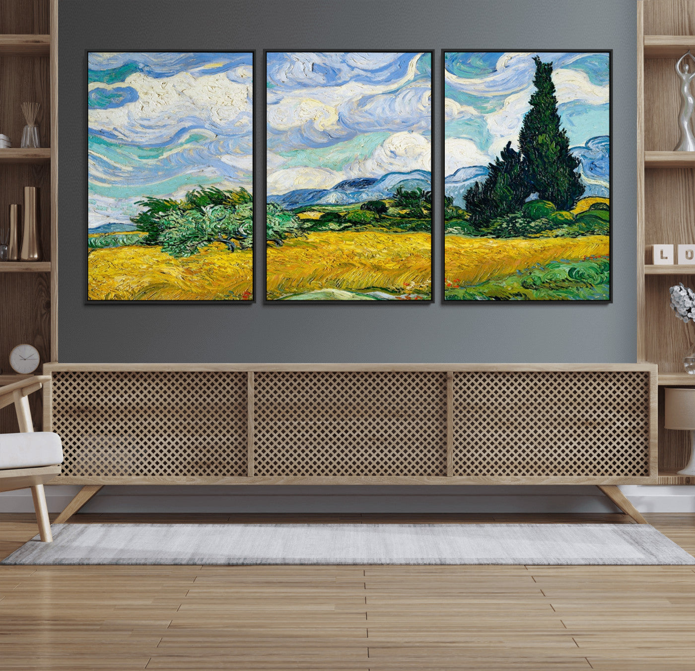 97252-MGV-FC-60X30-3P_Black-Wheat Field with Cypress – Van Gogh Wall Art, Impressionist Landscape Canvas Print, Rustic Home Decor for Living Room or Office