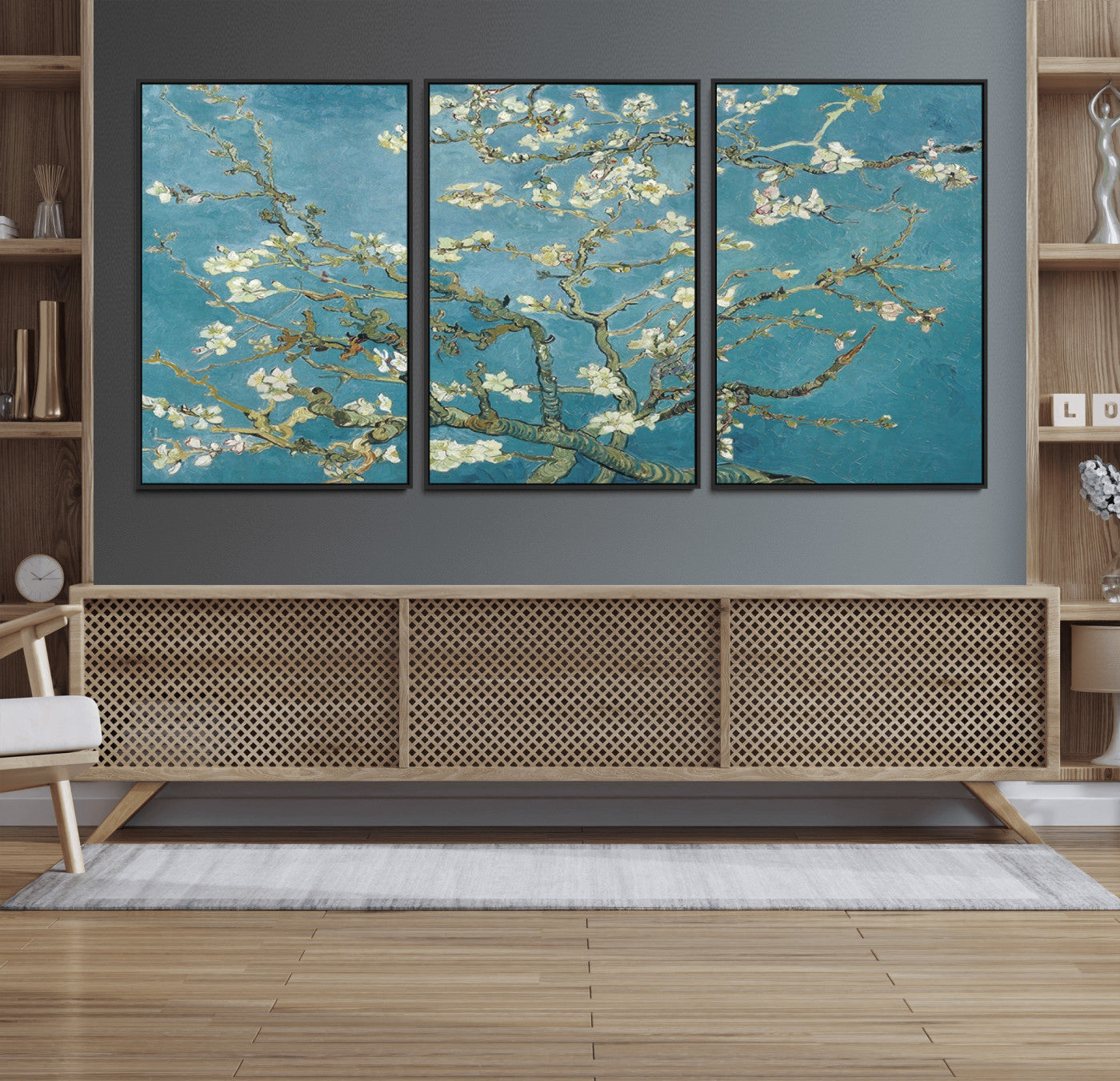 65607-MGV-FC-60X30-3P_Black-Almond Blossom Wall Art – Van Gogh Blue Floral Canvas Print, Elegant Impressionist Painting Decor for Living Room, Bedroom or