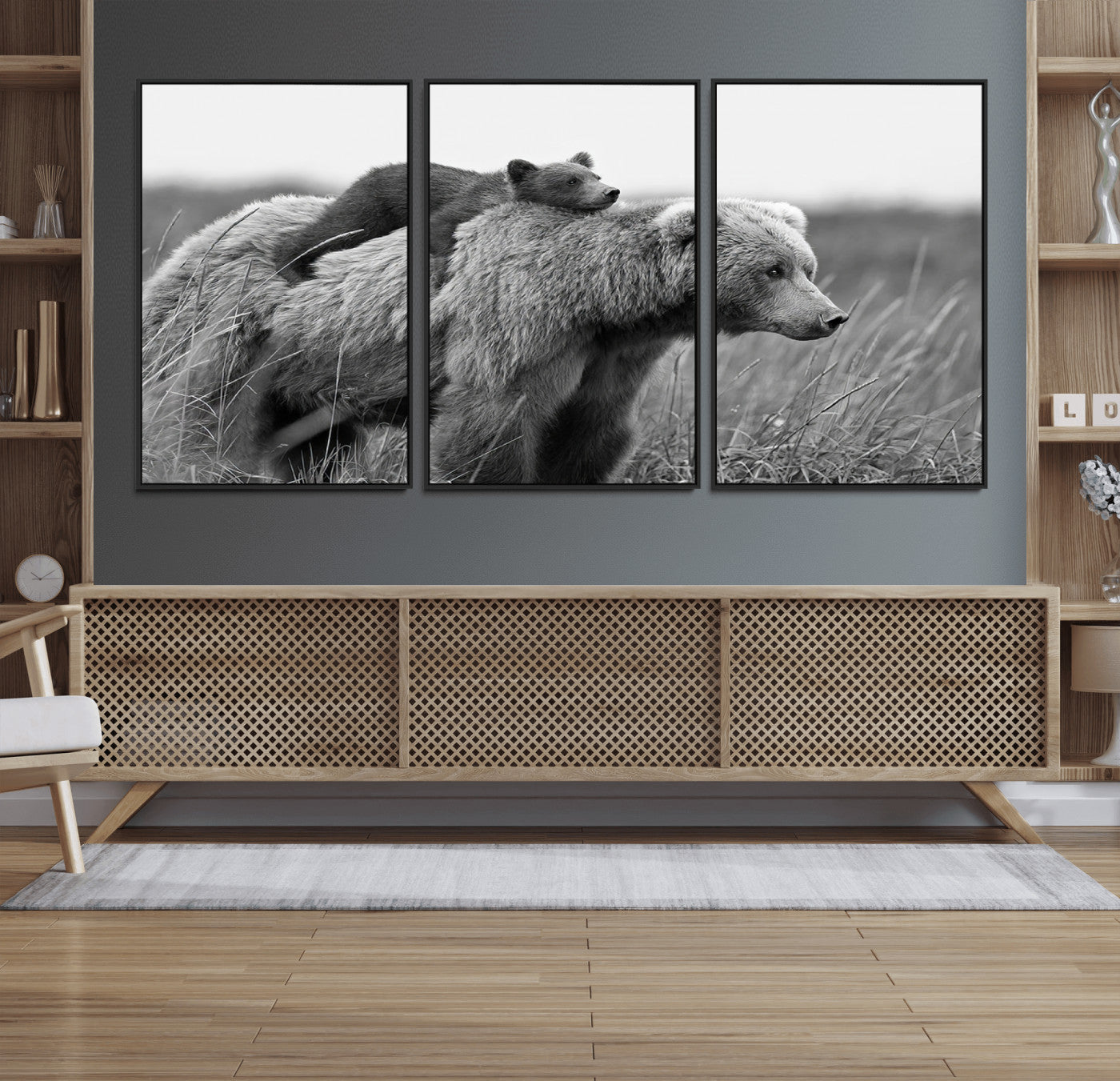 76338-MGV-FC-60X30-3P_Black-Mother Bear and Cub Wall Art – Black and White Wildlife Canvas Print, Rustic Nature Photography for Cabin, Living Room or Office