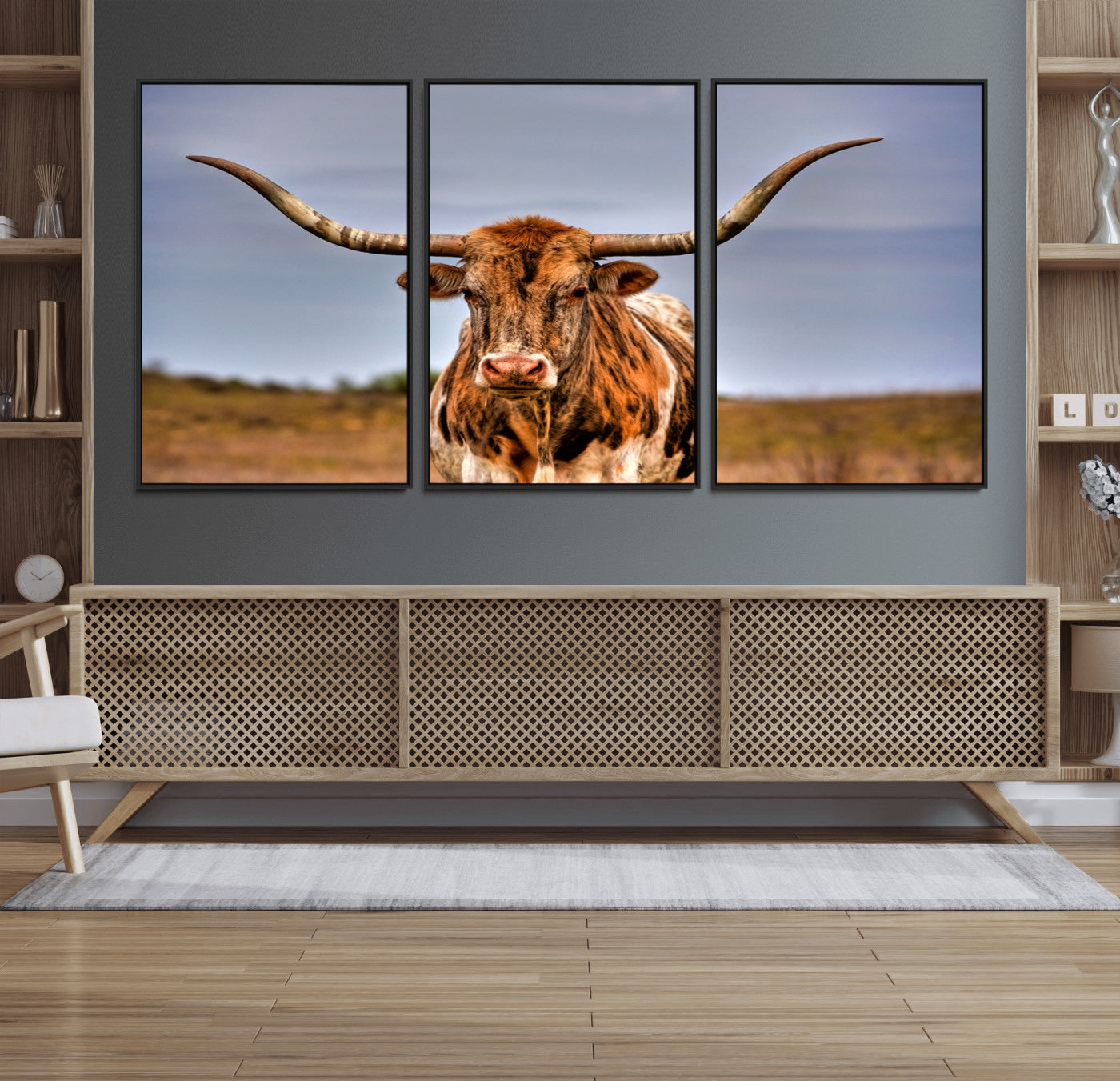 18594-MGV-FC-60X30-3P_Black-Texas Longhorn Bull Wall Art – Rustic Western Cattle Canvas Print, Country Farmhouse Decor for Living Room, Office or Cabin