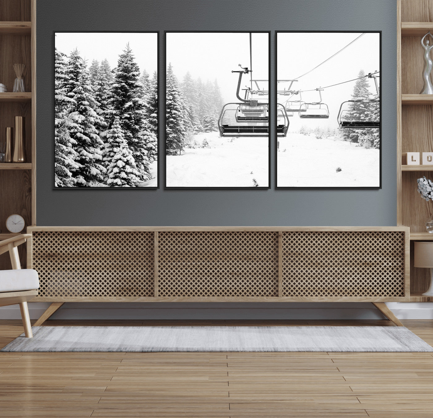 70609-MGV-FC-60X30-3P_Black-Snowy Ski Lift Wall Art – Black and White Winter Mountain Landscape Canvas Print, Rustic Lodge Decor for Cabin, Living Room or