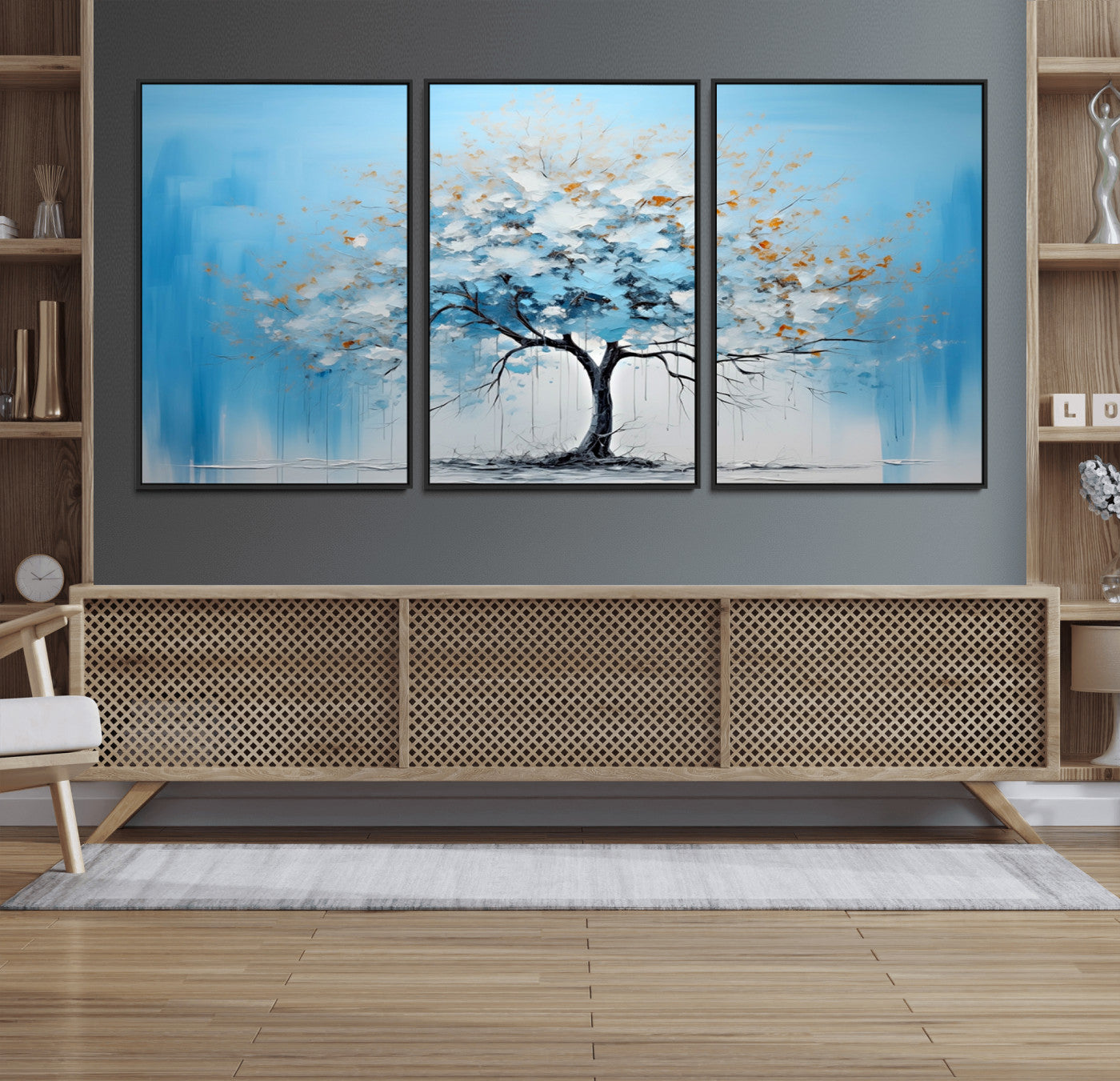 25021-MGV-FC-60X30-3P_Black-Abstract Tree Wall Art – Blue and White Canvas Painting with Gold Accents, Modern Nature-Inspired Artwork for Living Room, Bedroom