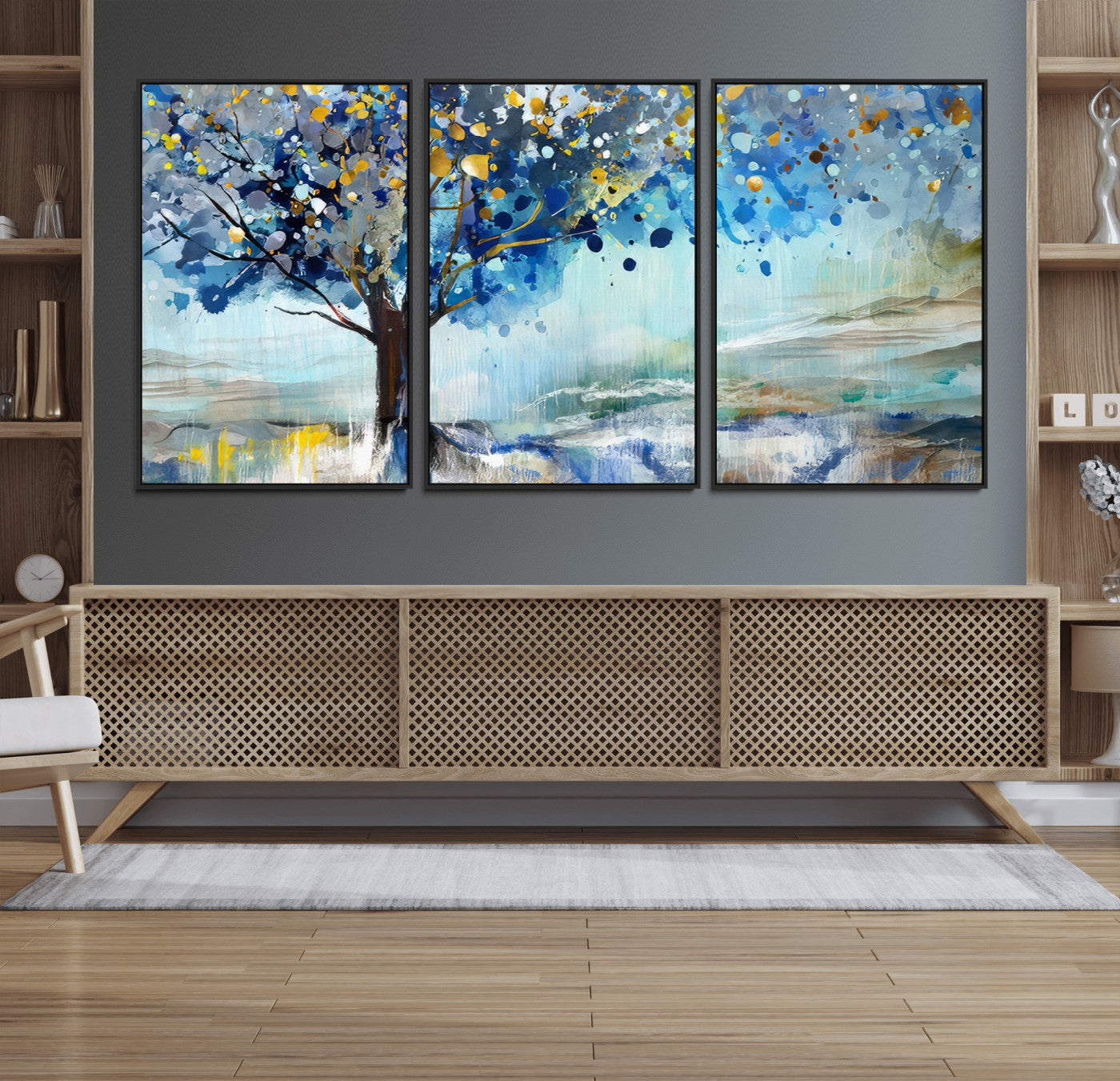 17018-MGV-FC-60X30-3P_Black-Abstract Blue Tree Wall Art – Colorful Canvas Painting with Gold and Silver Accents, Modern Nature Artwork for Living Room,