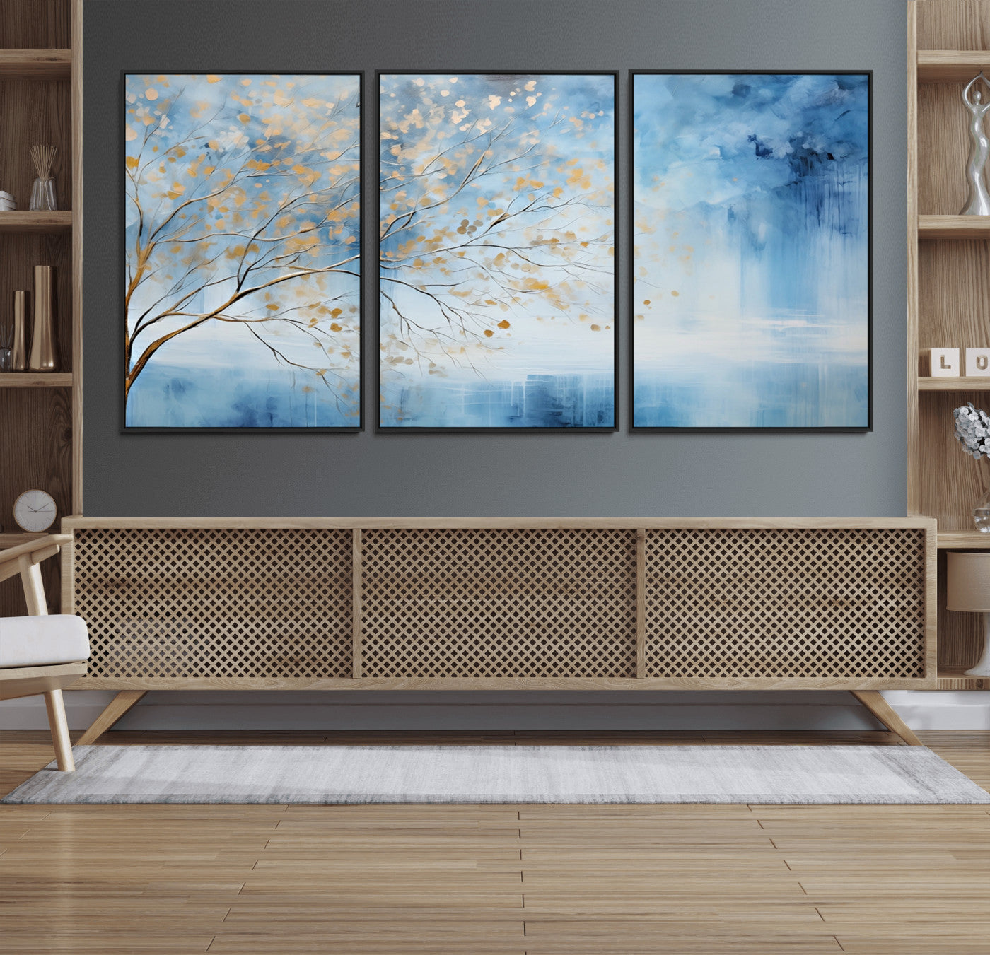 23891-MGV-FC-60X30-3P_Black-Abstract Tree Wall Art – Minimalist Blue and Gold Canvas Painting, Elegant Nature-Inspired Artwork for Living Room, Bedroom or