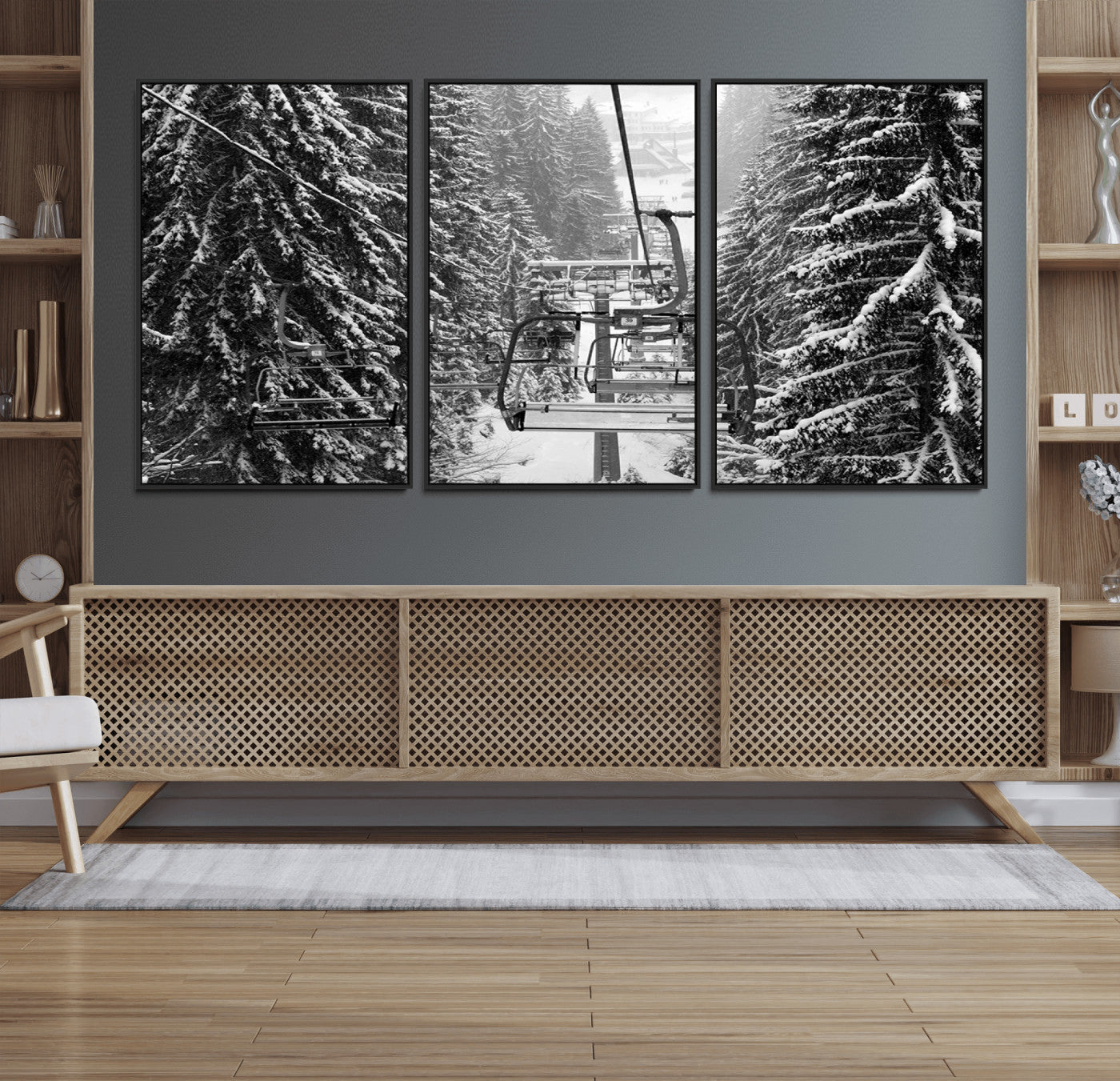 19240-MGV-FC-60X30-3P_Black-Ski Lift Wall Art – Black and White Winter Mountain Canvas Print, Snowy Forest Ski Resort Photography for Cabin, Lodge, Office or