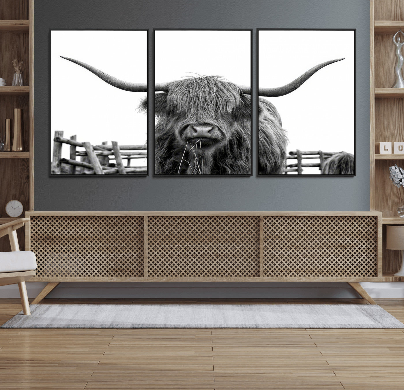 58188-MGV-FC-60X30-3P_Black-Highland Cow Wall Art – Black and White Rustic Farmhouse Canvas Print, Longhorn Cattle Photography Decor for Living Room or