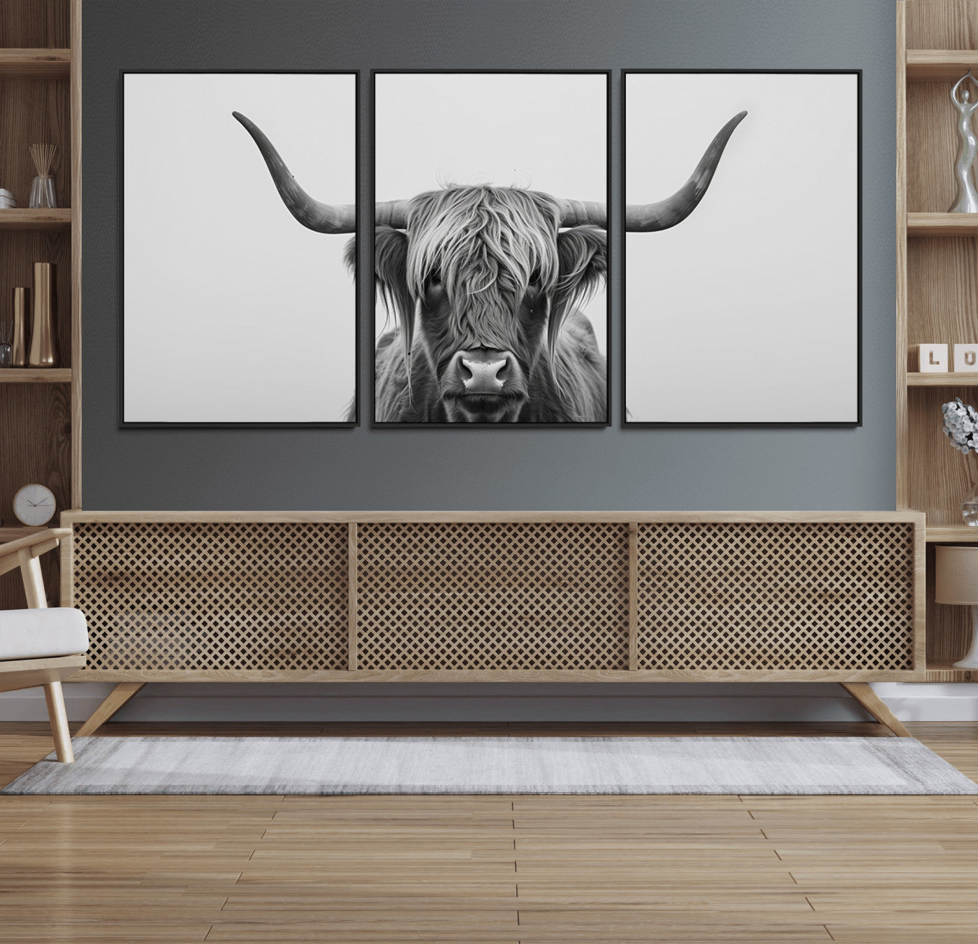 35820-MGV-FC-60X30-3P_Black-Minimalist Highland Cow Wall Art – Black and White Longhorn Cattle Canvas Print, Modern Farmhouse Animal Photography Decor for