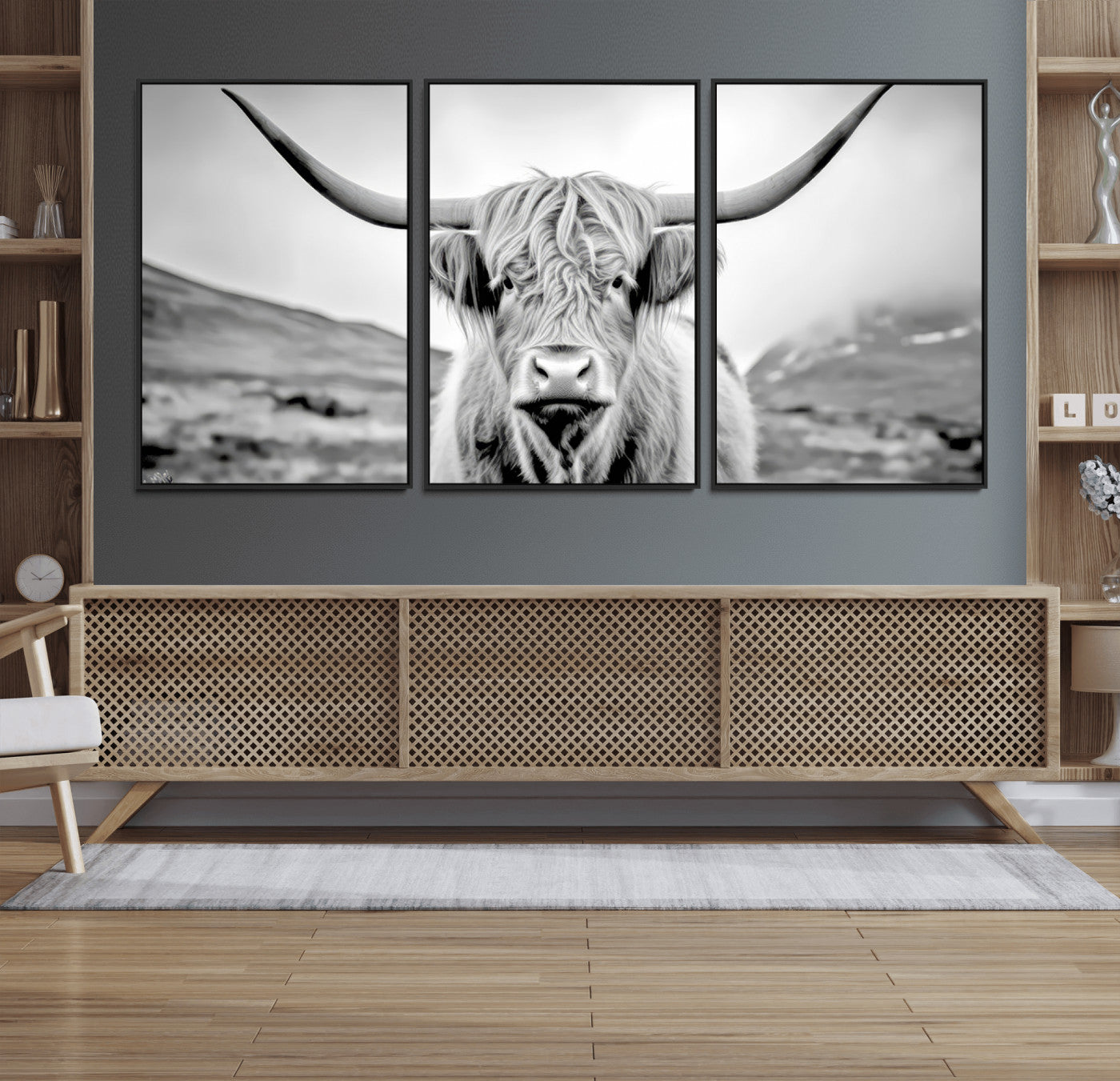 80564-MGV-FC-60X30-3P_Black-Highland Cow Wall Art – Black and White Scottish Highland Canvas Print, Rustic Farmhouse Decor for Living Room, Bedroom or Office