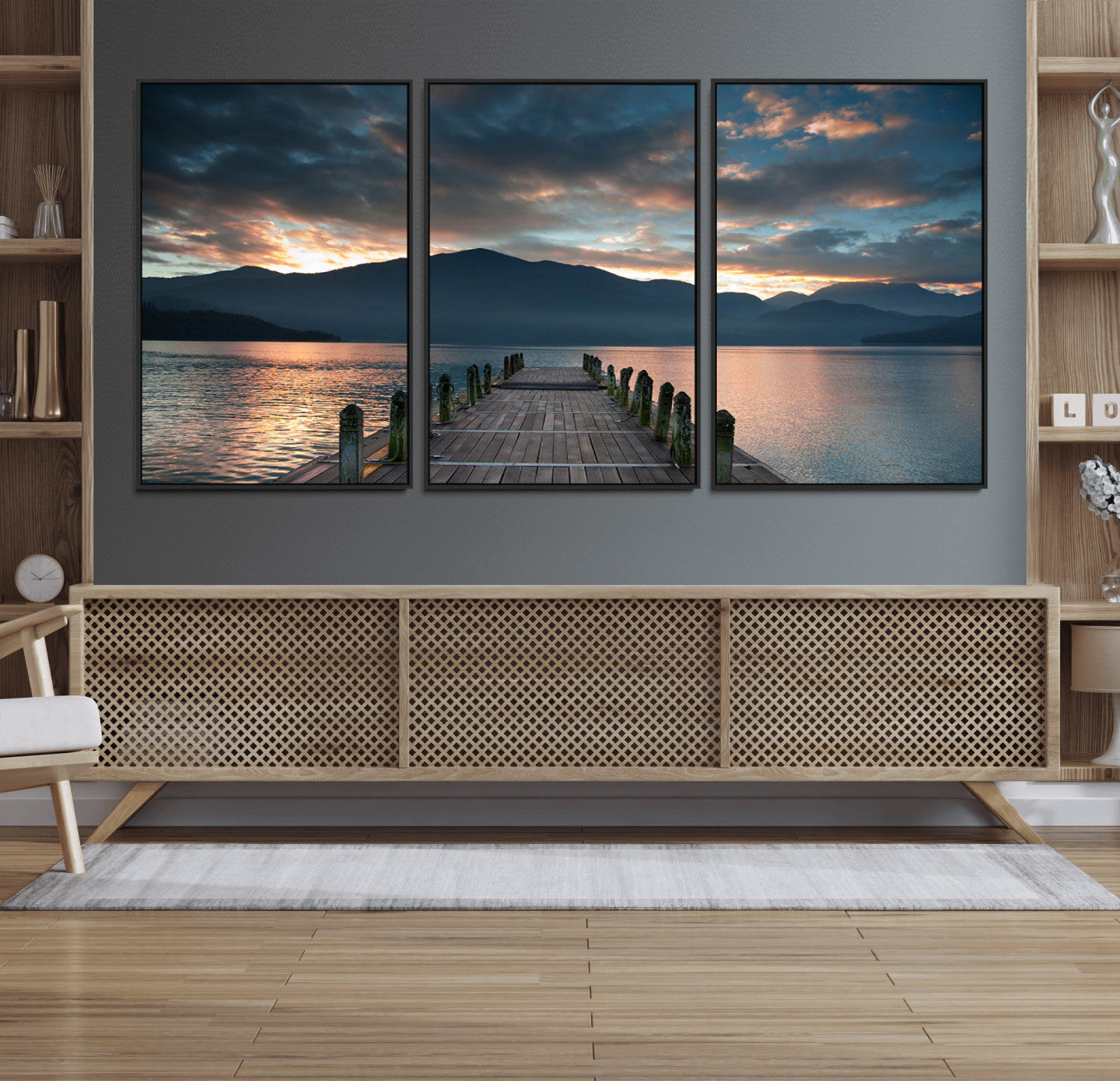 20442-MGV-FC-60X30-3P_Black-Lakeside Sunset Dock Wall Art – Peaceful Mountain Lake Canvas Print, Serene Nature Landscape Decor for Living Room, Bedroom or