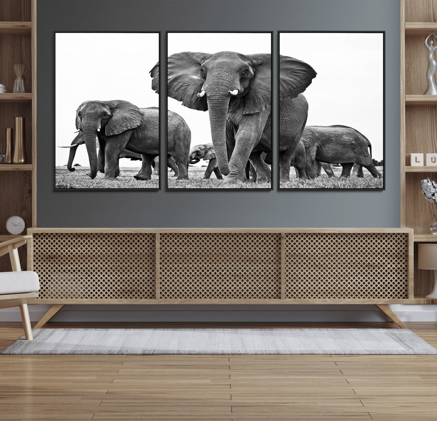 91685-MGV-FC-60X30-3P_Black-Elephant Herd Wall Art – Black and White Safari Canvas Print, African Wildlife Photography Decor for Living Room, Office or