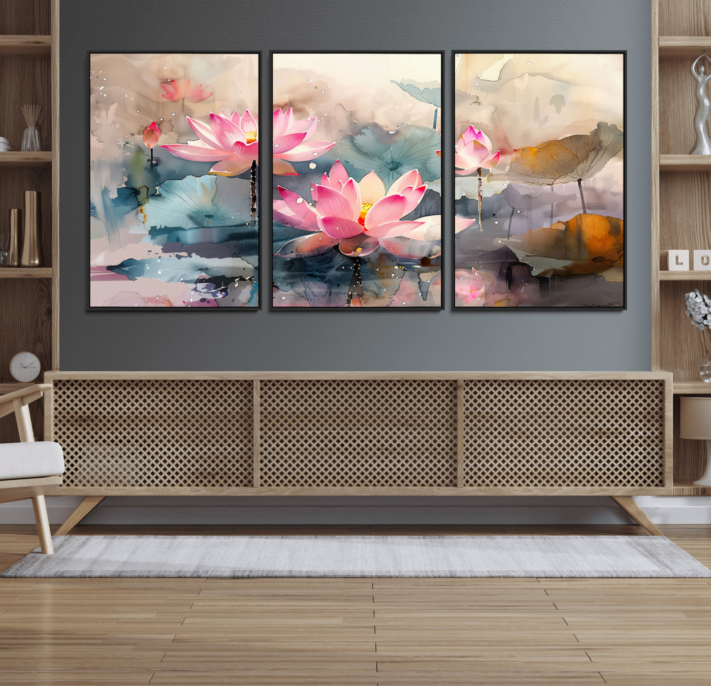27936-MGV-CV-36X24-Lotus Pond Wall Art – Watercolor Pink Lotus Flowers Canvas Print, Tranquil Botanical Artwork for Bedroom, Living Room or