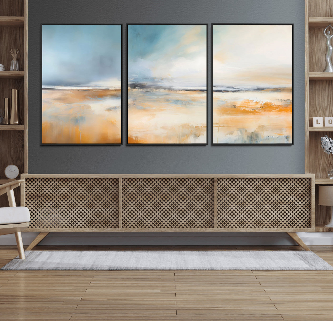 92764-MGV-FC-60X30-3P_Black-Abstract Landscape Wall Art – Modern Blue and Orange Canvas Print, Large Minimalist Painting for Living Room, Bedroom, Office or
