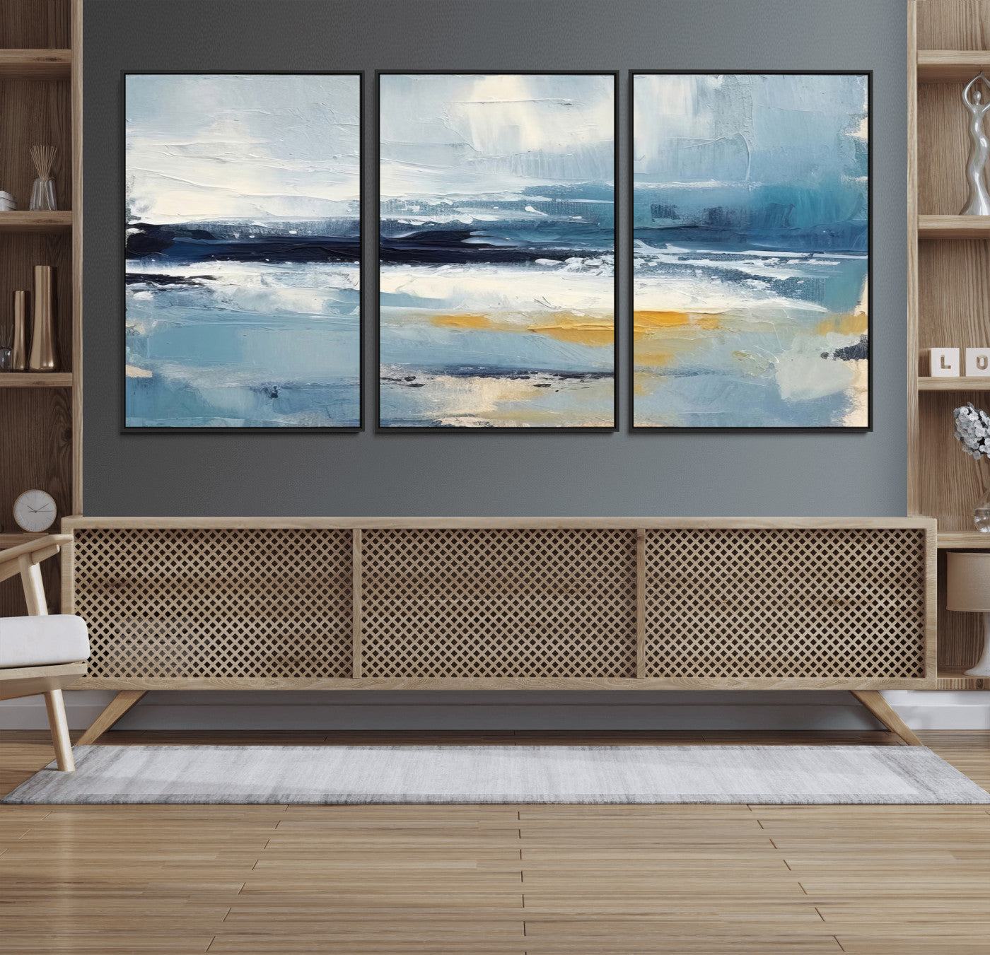 19746-MGV-FC-60X30-3P_Black-Abstract Ocean Wall Art – Modern Coastal Canvas Print with Blue, White and Gold Textures, Contemporary Seascape Painting for