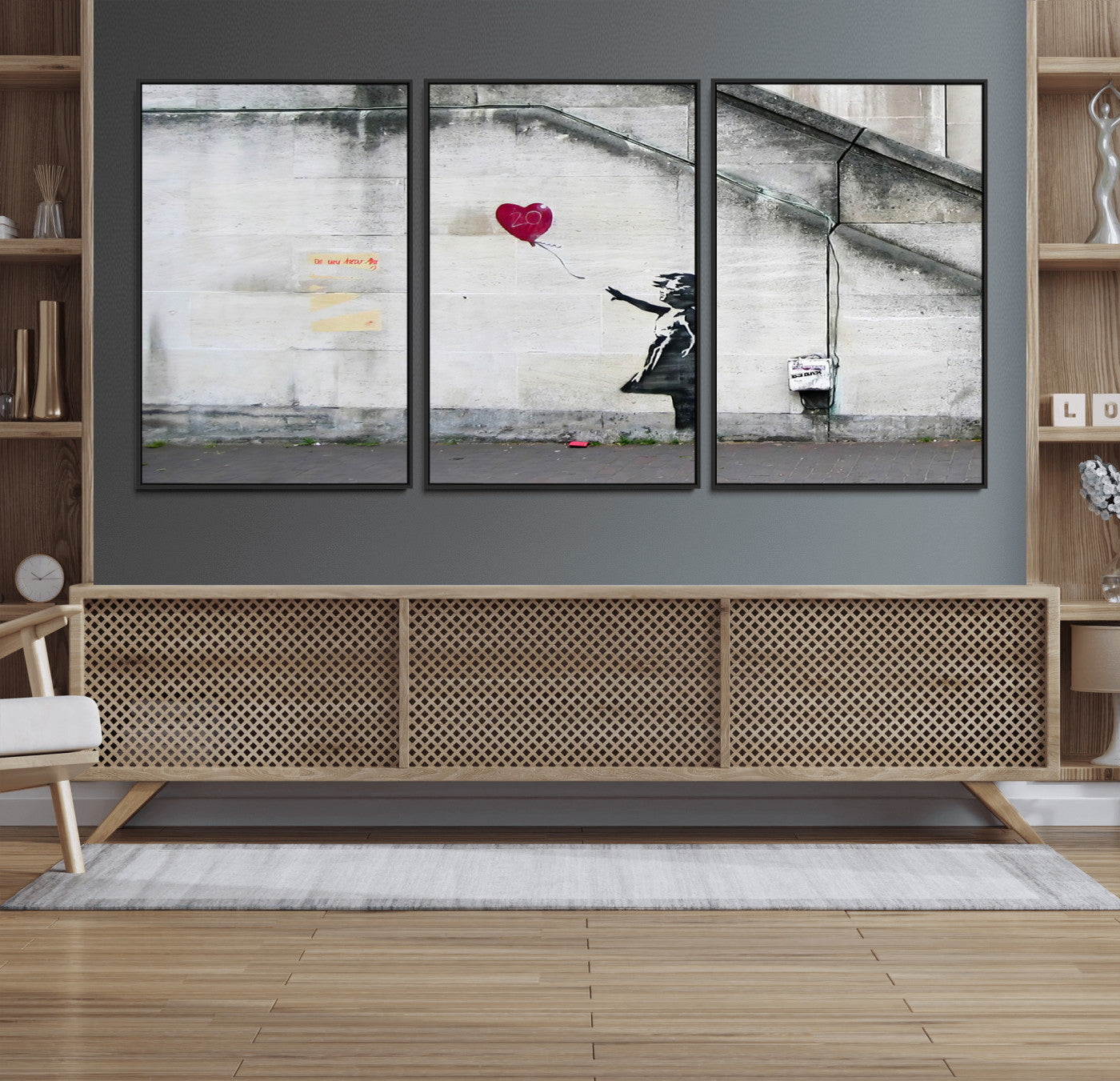 50559-MGV-FC-60X30-3P_Black-Banksy Girl with Balloon Wall Art – Famous Street Graffiti Canvas Print, Modern Urban Artwork for Living Room, Bedroom or Office