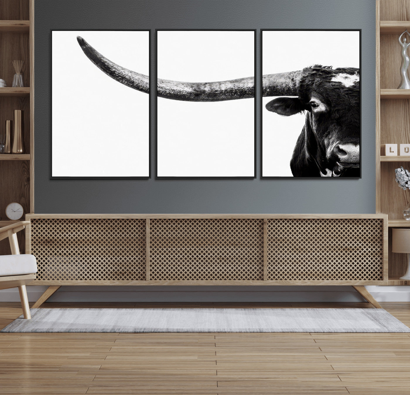 31699-MGV-FC-60X30-3P_Black-Longhorn Wall Art – Black and White Texas Longhorn Cow Canvas Print, Rustic Western Farmhouse Artwork for Living Room, Bedroom or