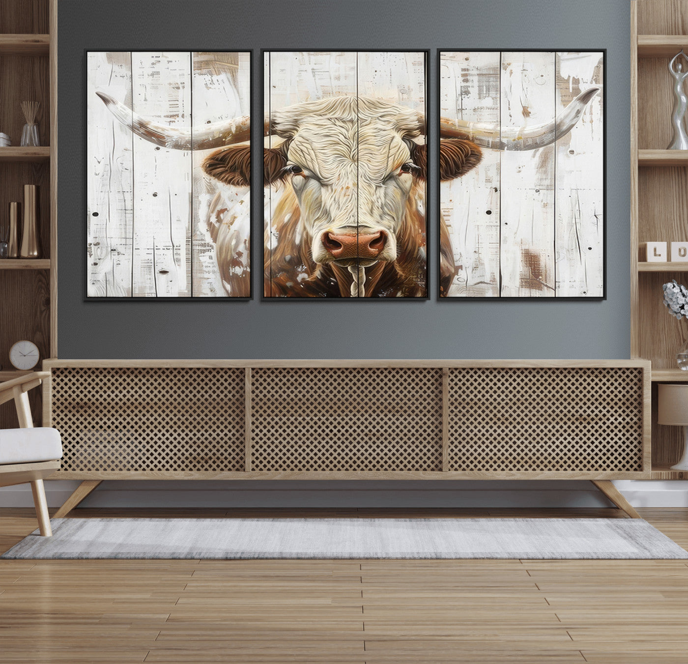 71551-MGV-FC-60X30-3P_Black-Longhorn Bull Wall Art – Rustic Western Cow Canvas Print, Farmhouse Animal Painting with Wood Plank Style for Living Room, Office
