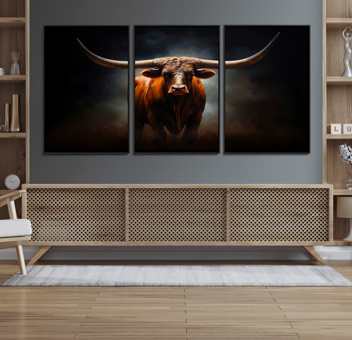 48896-MGV-FC-60X30-3P_Black-Texas Longhorn Wall Art – Rustic Western Bull Canvas Print and Farmhouse Cattle Painting for Living Room, Ranch, or Office Decor .