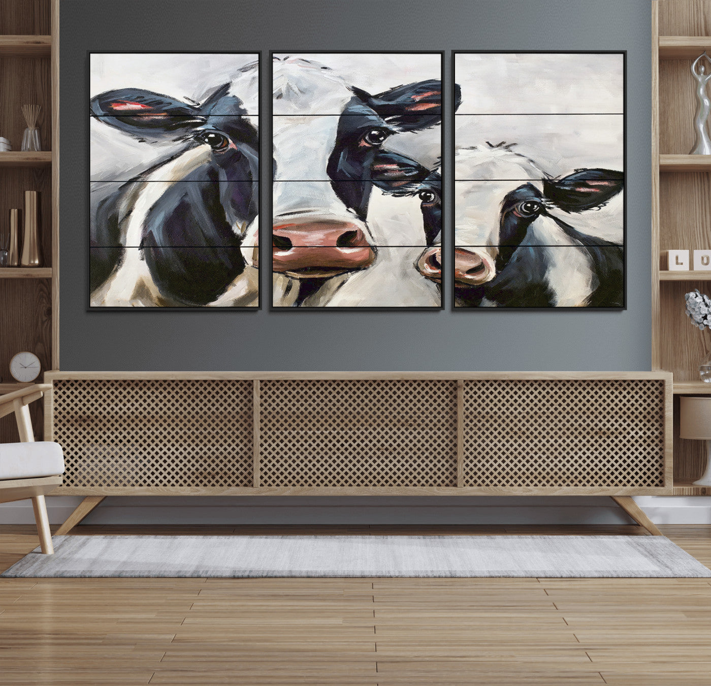 28934-MGV-CV-36X24-Farmhouse Cow Wall Art – Rustic Black and White Dairy Cattle Canvas Print, Country Barn Animal Painting for Kitchen, Living Room