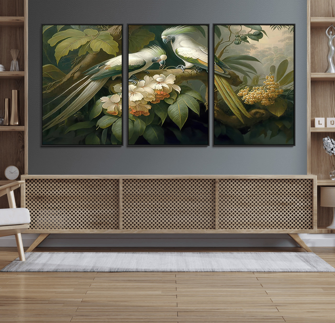 84047-MGV-FC-60X30-3P_Black-Tropical Birds Wall Art – Elegant Botanical Canvas Print, Exotic Nature Decor for Living Room, Bedroom or Office