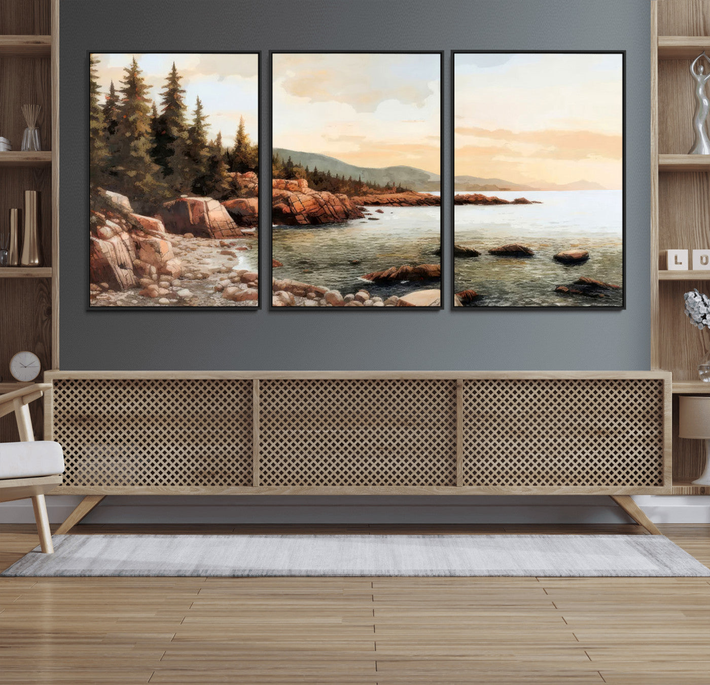 77145-MGV-CV-36X24-Coastal Landscape Wall Art – Panoramic Rocky Shoreline and Pine Trees Canvas Print, Rustic Nature Decor for Cabin, Lodge, Office,