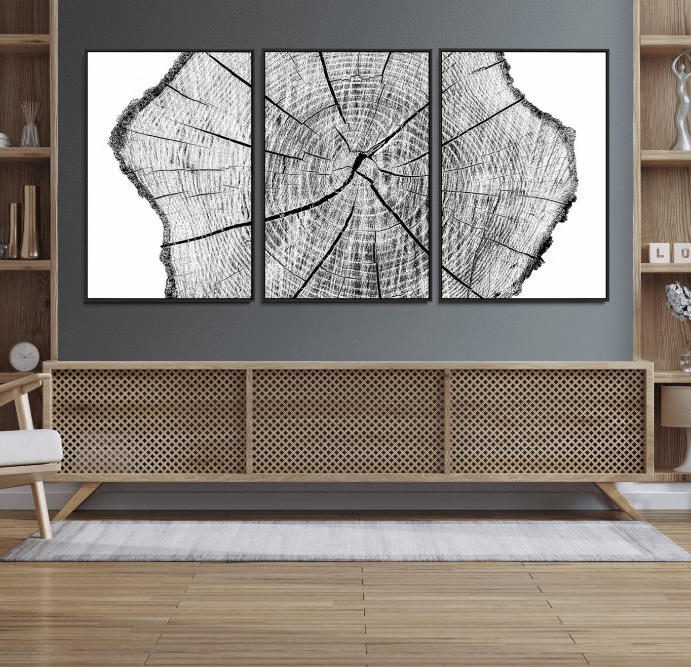 98709-MGV-CV-36X24-Tree Ring Wall Art – Black and White Canvas Print Rustic Wood Cross Section, Minimal Nature Inspired Decor for Living Room,