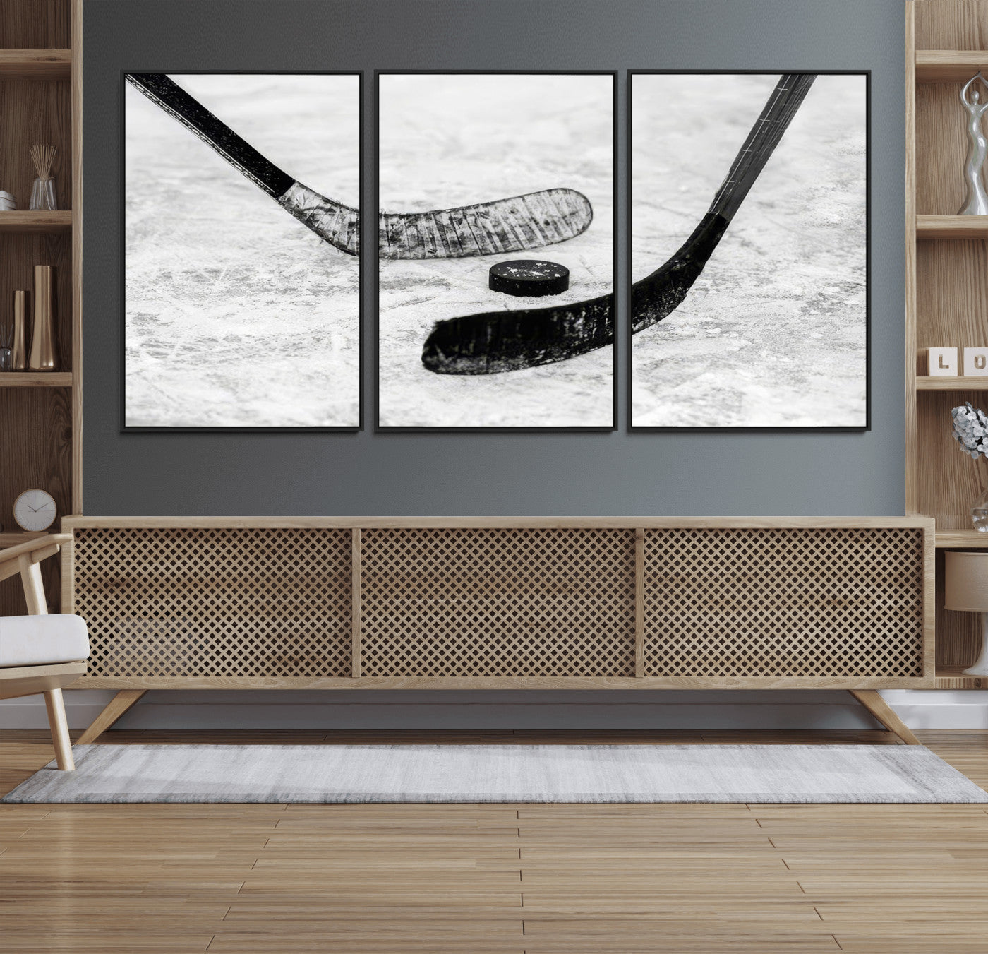 82900-MGV-CV-36X24-Hockey Wall Art – Black and White Canvas Print Ice Rink Sticks Puck Sports Photography, Modern Decor for Game Room, Man Cave,