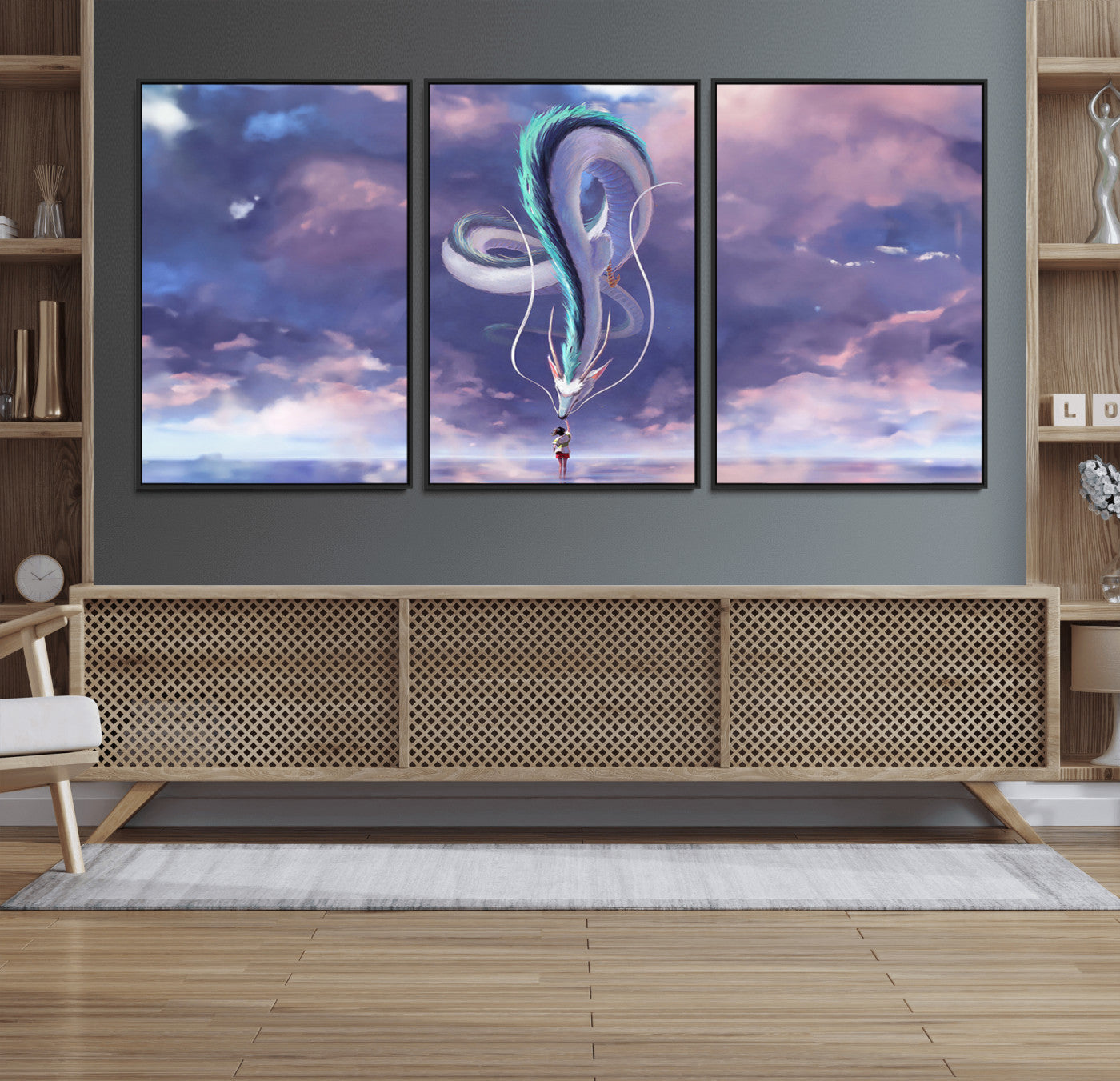 66864-MGV-CV-36X24-Fantasy Dragon Wall Art – Mystical Canvas Print Girl and Sky Serpent Dreamlike Clouds, Magical Anime Inspired Decor for Living