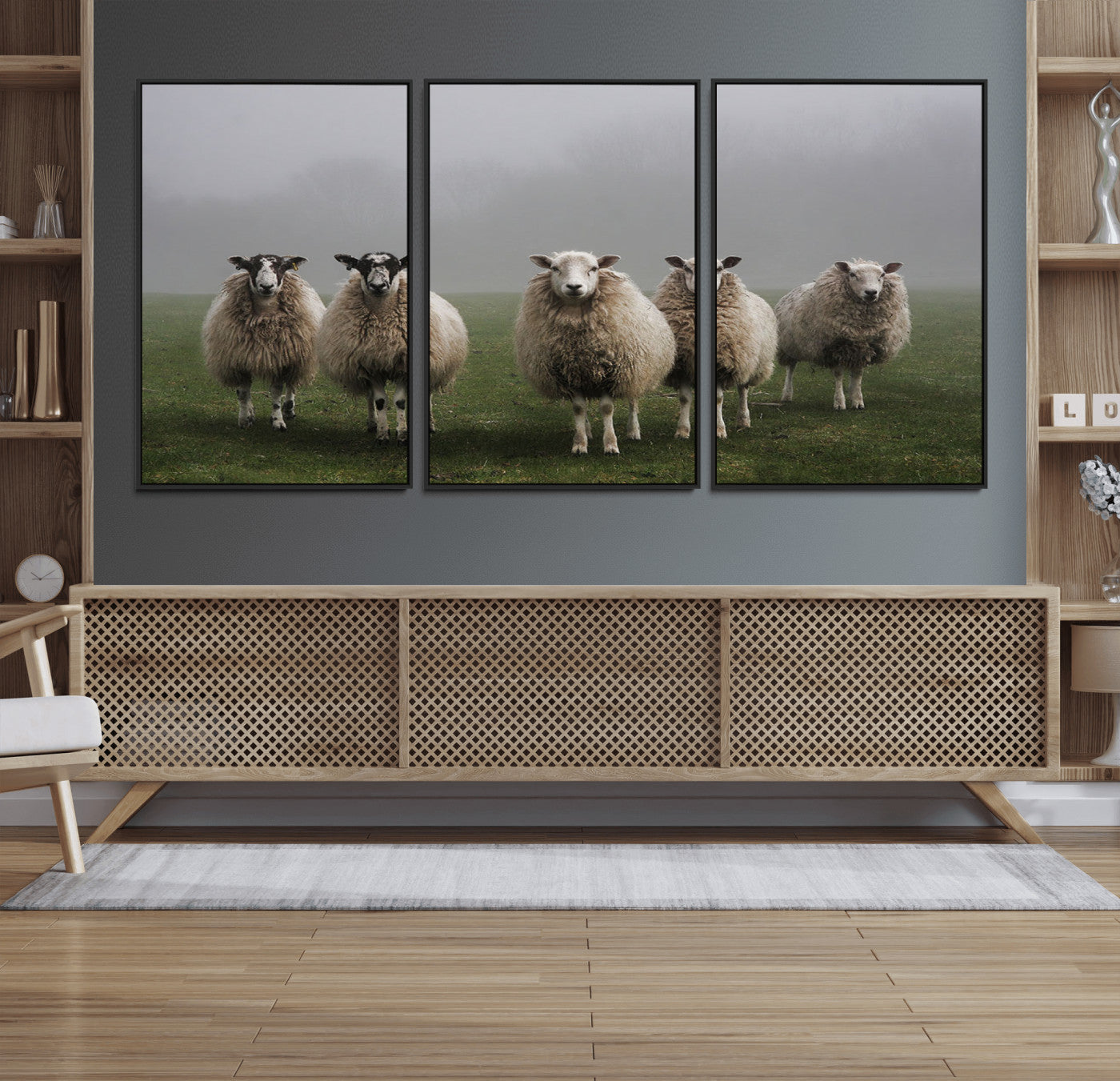 87339-MGV-CV-36X24-Sheep Wall Art – Rustic Farmhouse Canvas Print Flock Standing Misty Field Countryside Photography, Country Animal Decor for Living
