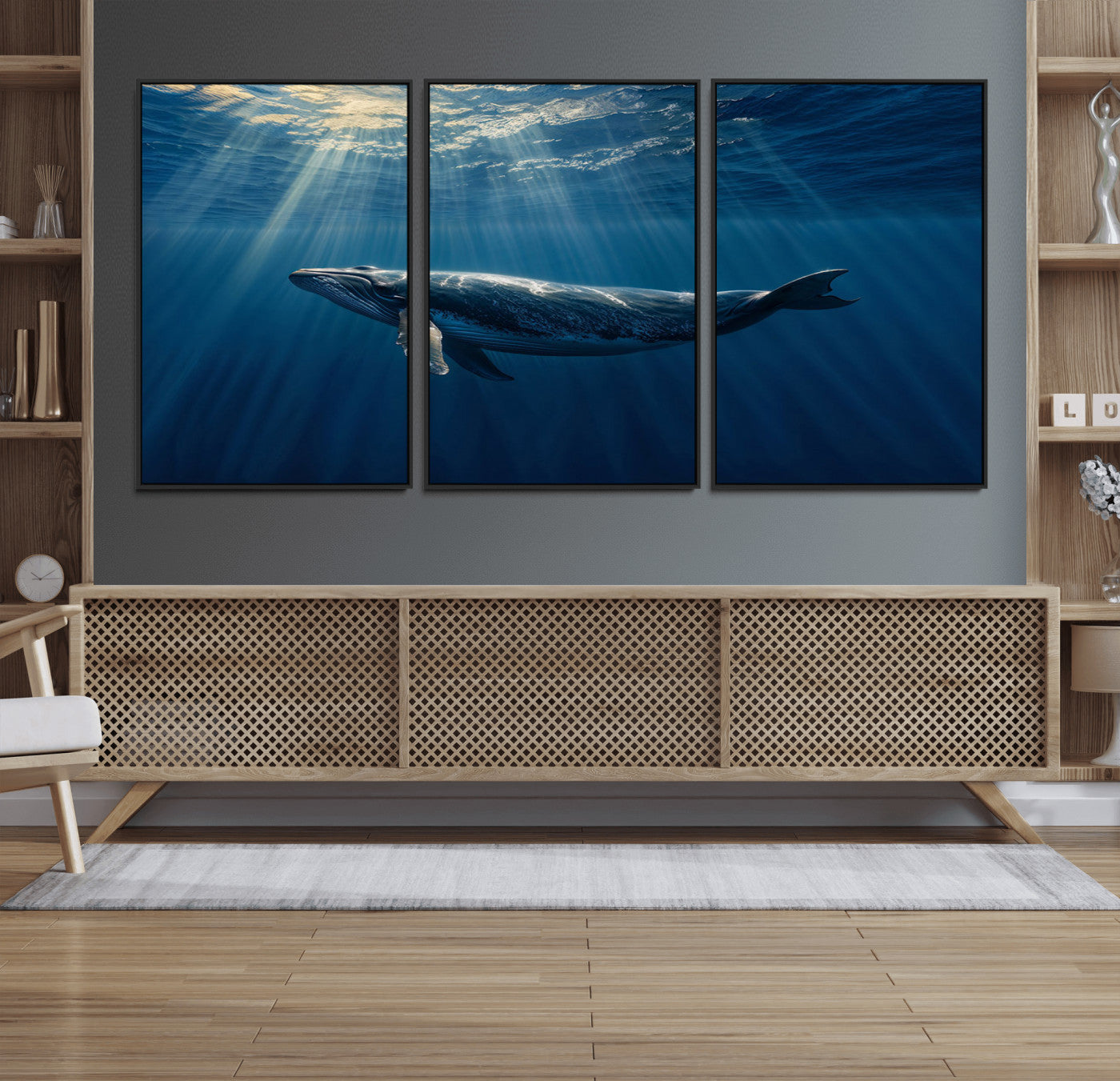 18052-MGV-CV-36X24-Whale Wall Art – Majestic Ocean Canvas Print Marine Life Underwater Sunlight Scene, Nautical Coastal Decor for Living Room,