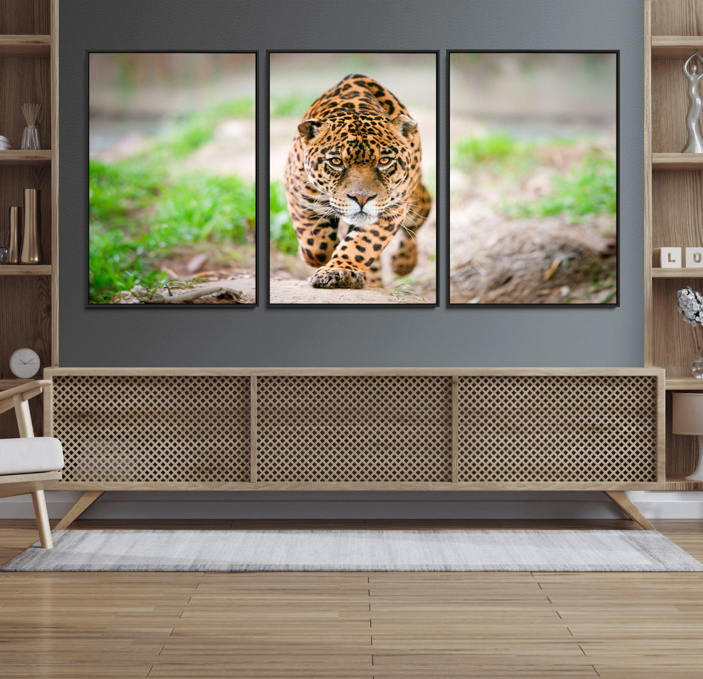 75066-MGV-FC-60X30-3P_Black-Leopard Wall Art Canvas Print, Framed Wild Animal Art Picture Print, Blue Eye Leopard Perfect Wild Minimal Decor Artwork