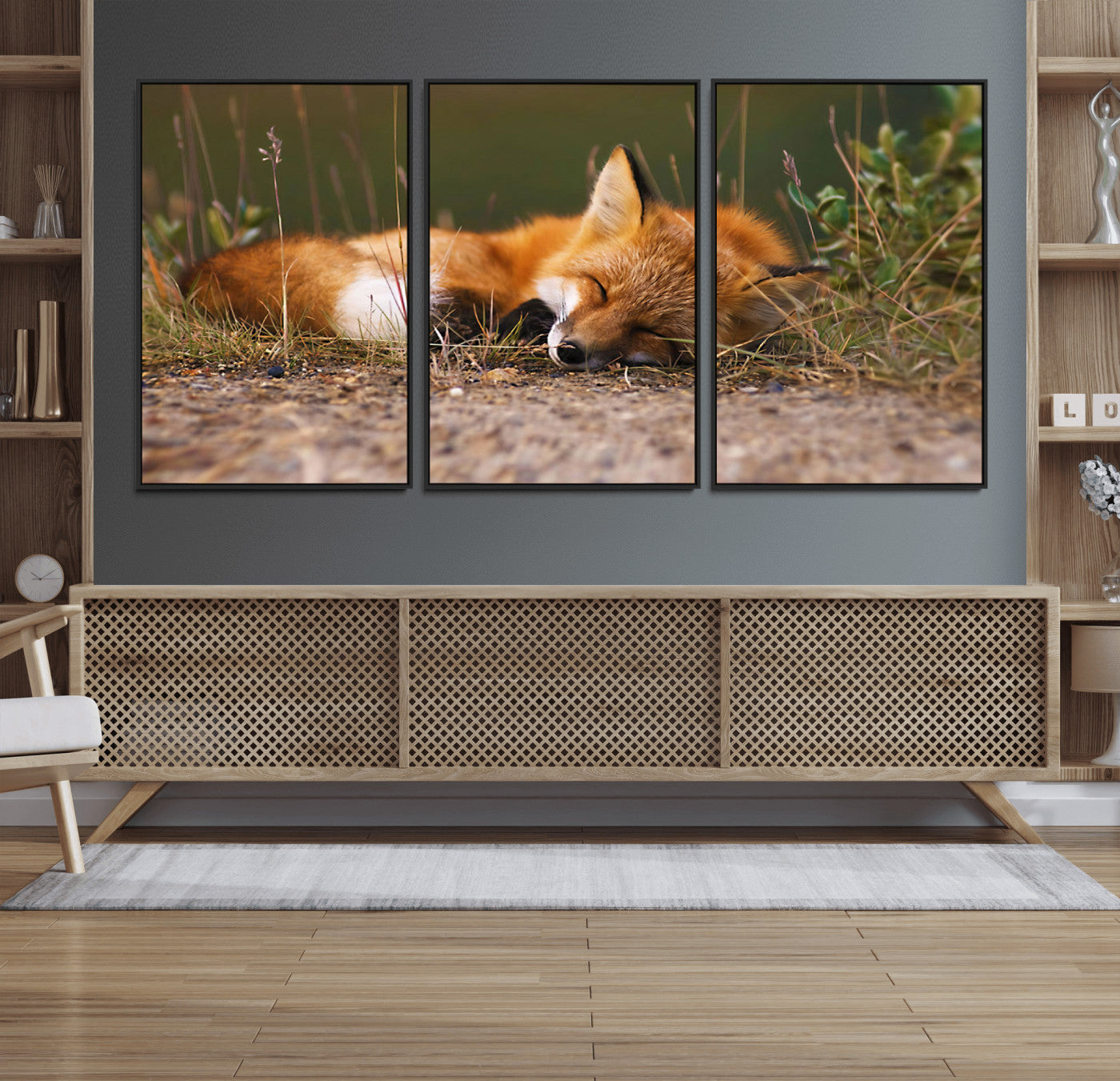 25085-MGV-CV-36X24-Sleeping Fox Wall Art Canvas Print, Framed Rustic Fox Art Picture Print, Wildlife Animal Perfect Rustic Farmhouse Decor Artwork