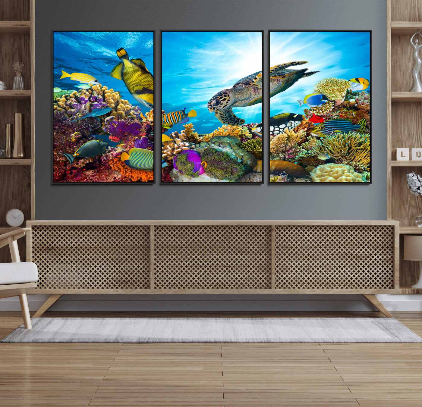 44772-MGV-FC-60X30-3P_Black-Underwater Sea Turtle Wall Art – Vibrant Coral Reef and Tropical Fish Canvas Print, Ocean Marine Life Decor for Living Room,