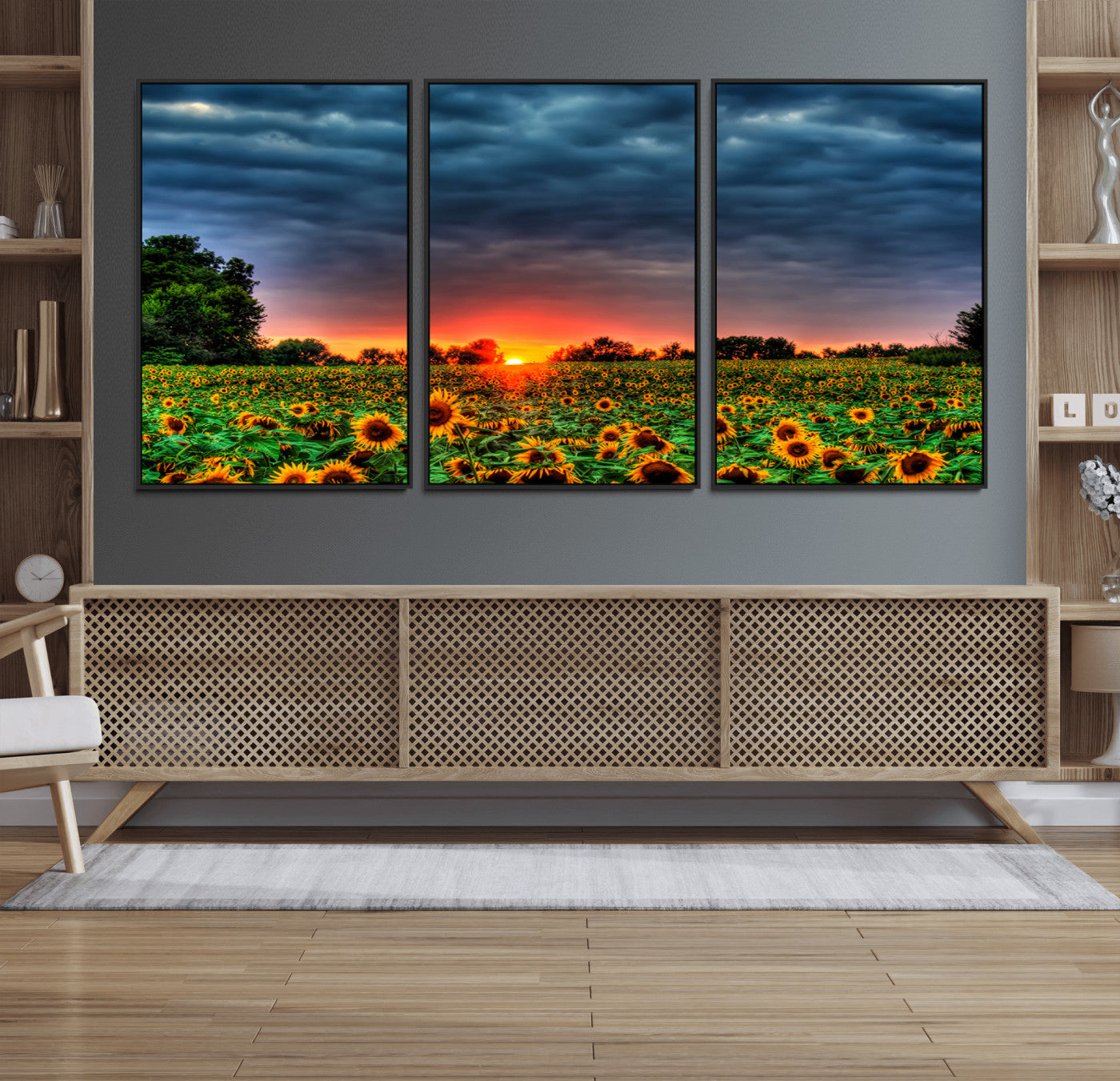 45045-MGV-CV-36X24-Sunflower Field Sunset Wall Art – Dramatic Stormy Sky Landscape Print, Vibrant Yellow Floral Nature Canvas for Living Room,