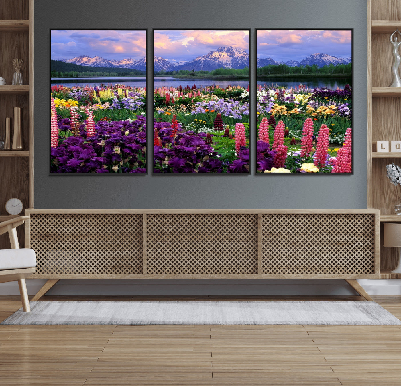 82270-MGV-FC-60X30-3P_Black-Colorful Wildflower Meadow Landscape Wall Art – Snow-Capped Mountain Lake Sunset Print, Vibrant Nature Artwork for Living Room,