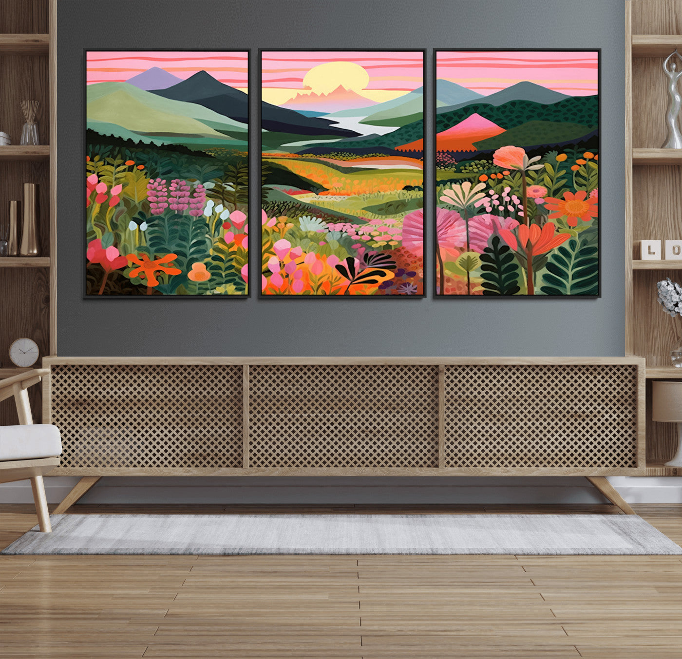 99638-MGV-FC-60X30-3P_Black-Sunset Meadow Wall Art – Panoramic Mountain Landscape with Wildflowers Canvas Print, Vibrant Nature Decor for Living Room, Bedroom