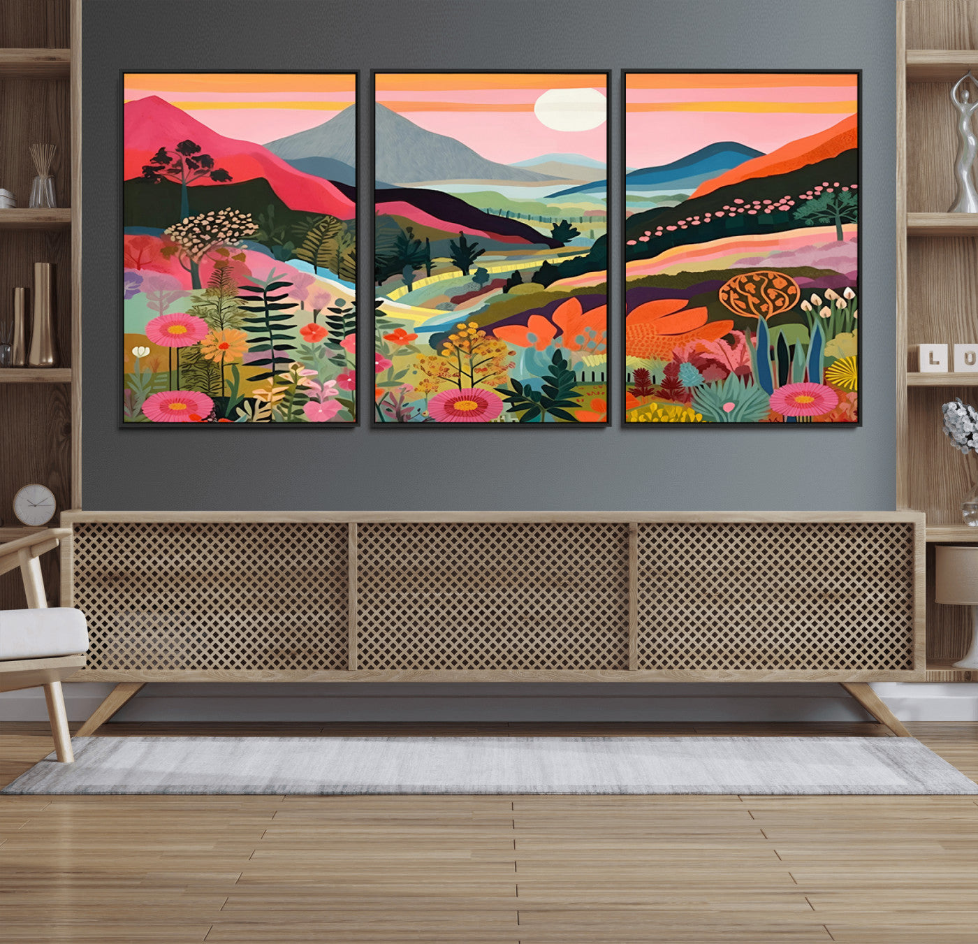 61376-MGV-FC-60X30-3P_Black-Floral Valley Wall Art – Panoramic Mountain Landscape Canvas Print, Vibrant Nature Decor for Living Room, Office, or Bedroom