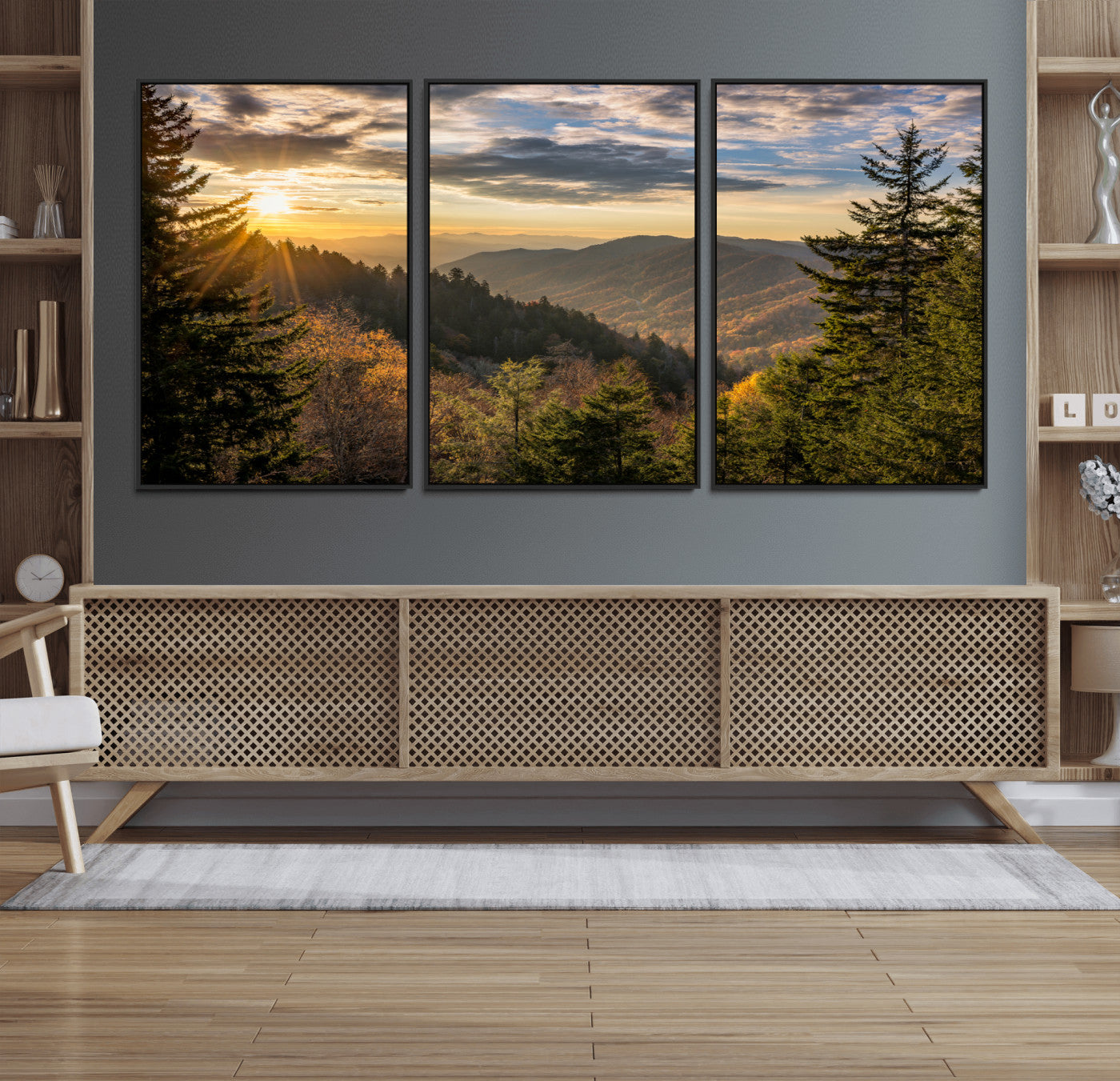 73692479-MGV-FC-60X30-3P_Black-Smoky Mountains Wall Art Canvas Print, Framed Forest Mountain Art Picture Print, Spring Mountain Perfect Spring Style Decor
